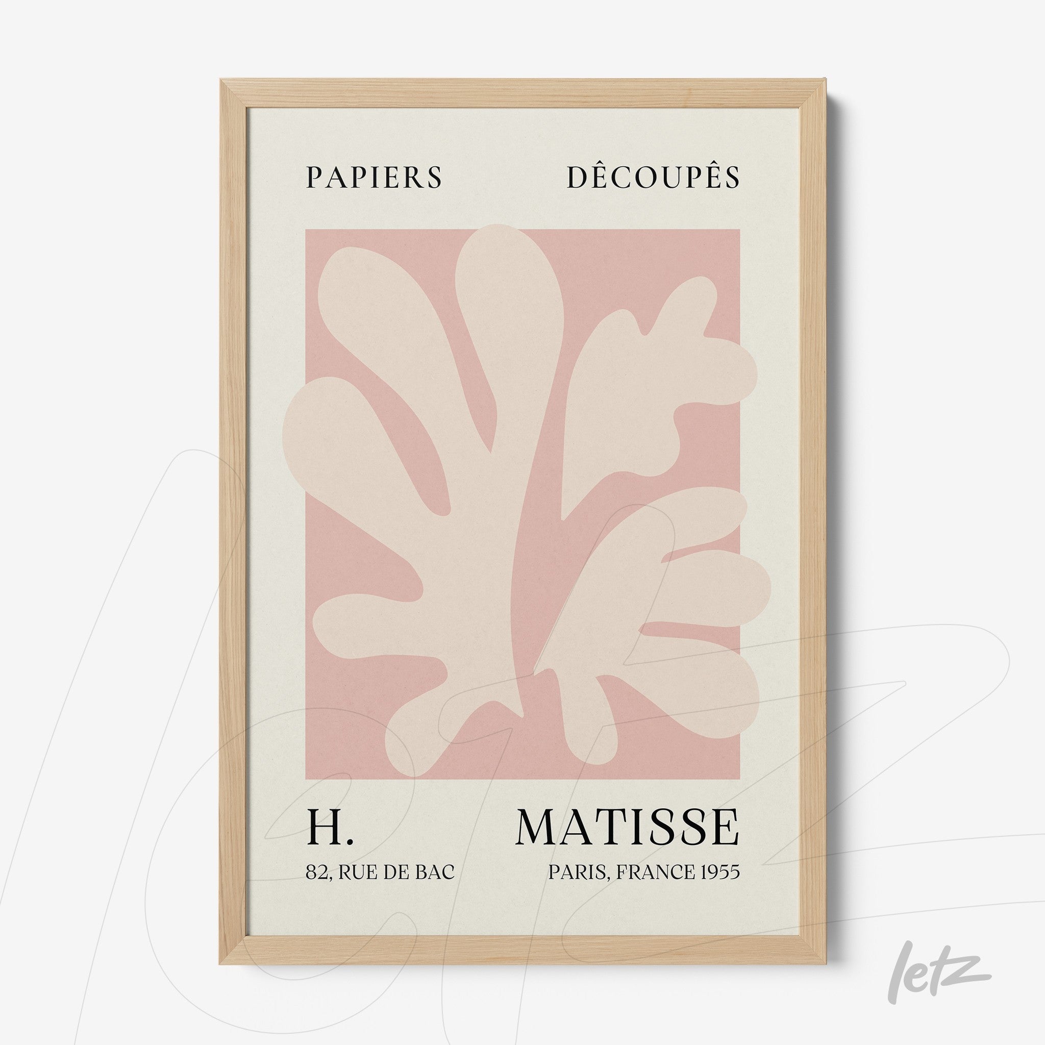 framed artwork inspired by matisse featuring abstract shapes in light tones on a pink background