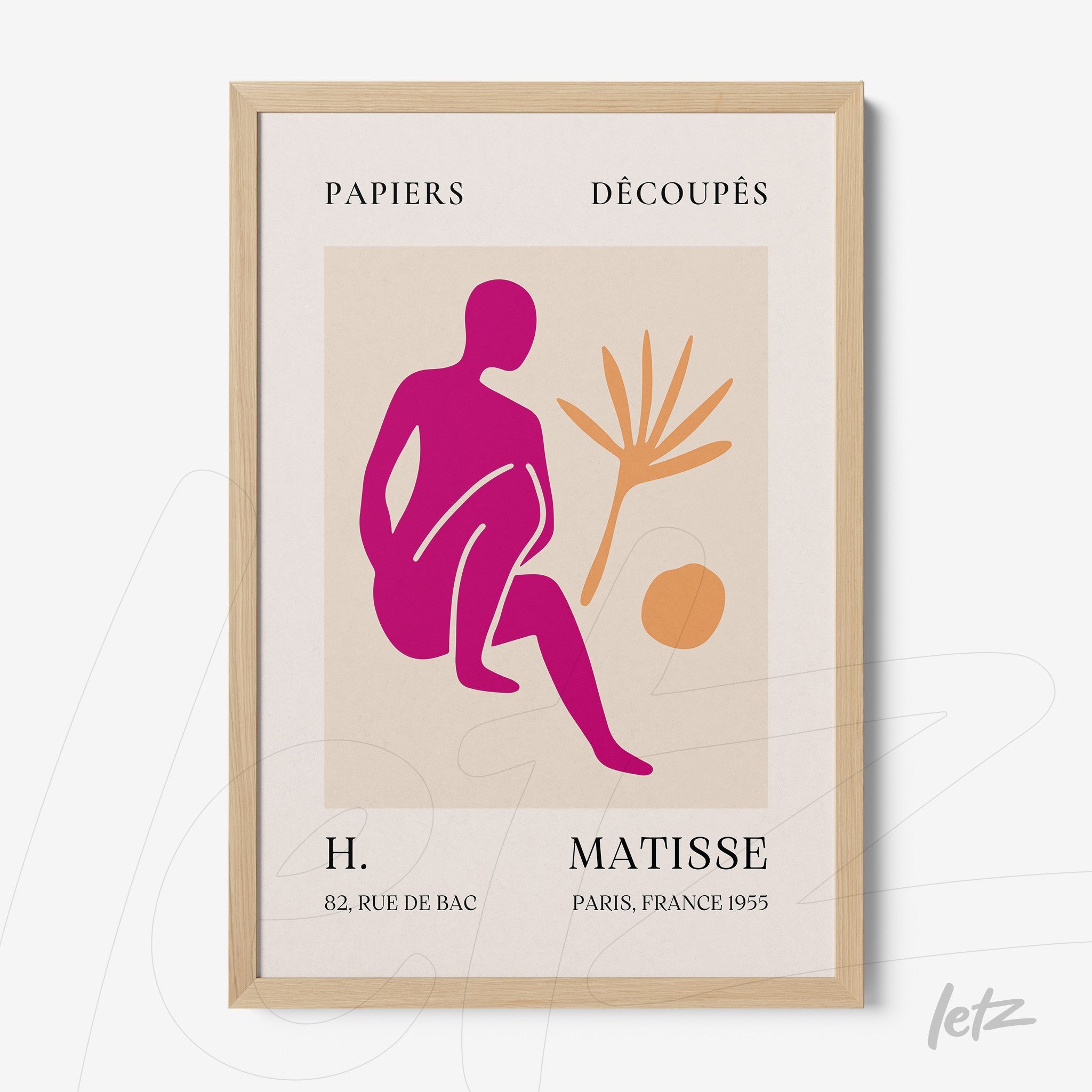 modern art print featuring a human figure in pink and orange tones alongside a botanical element in a light wood frame