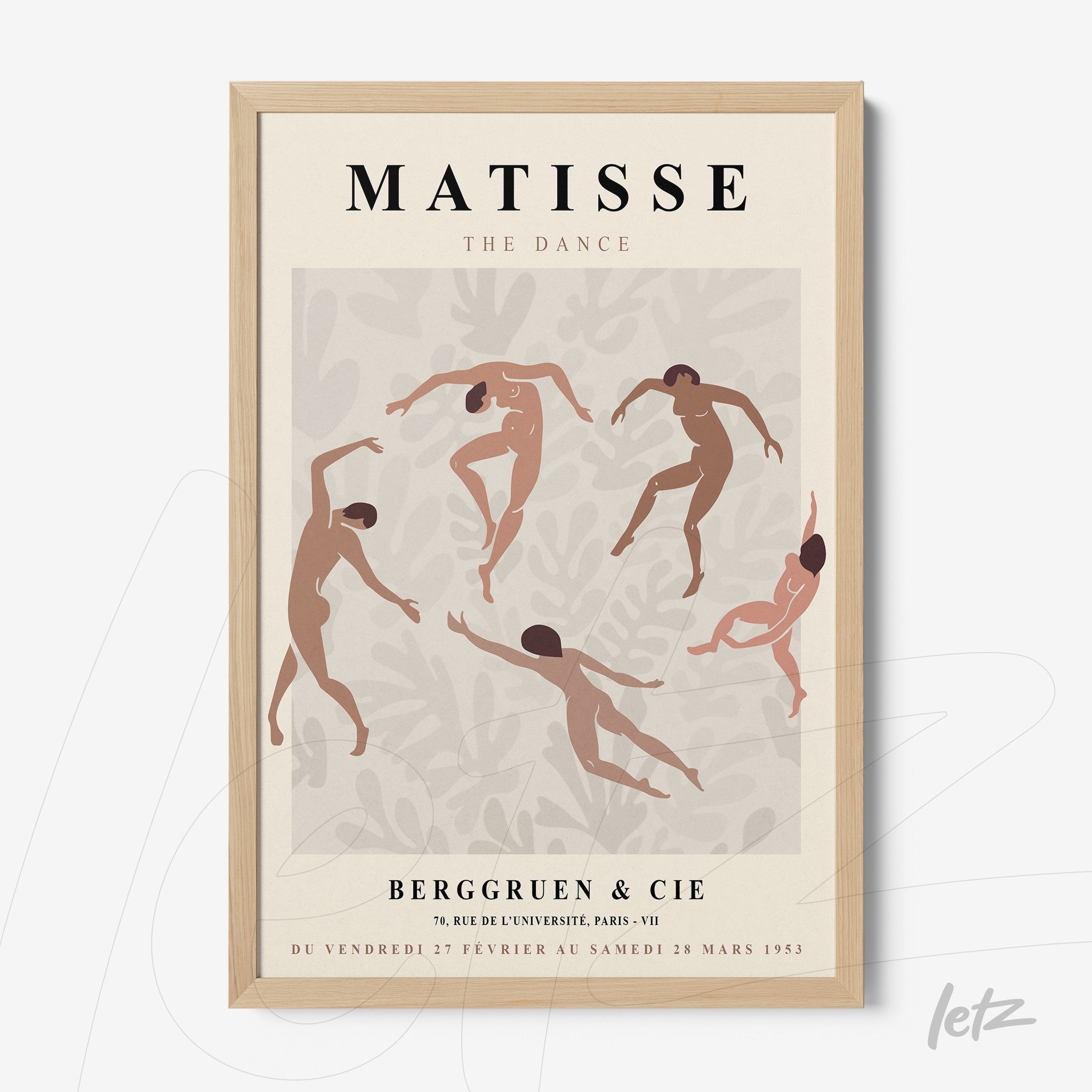framed wall art featuring stylized dancers in muted colors with light wood frame