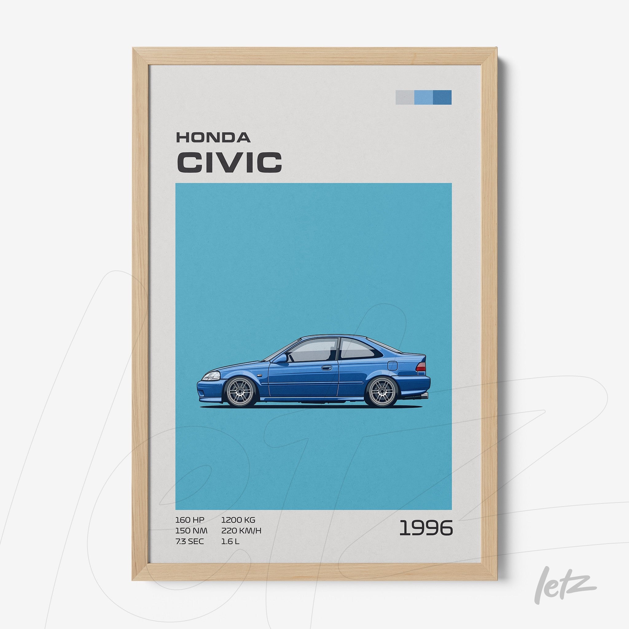 framed illustration of a blue 1996 Honda Civic with light wooden frame and vibrant blue background
