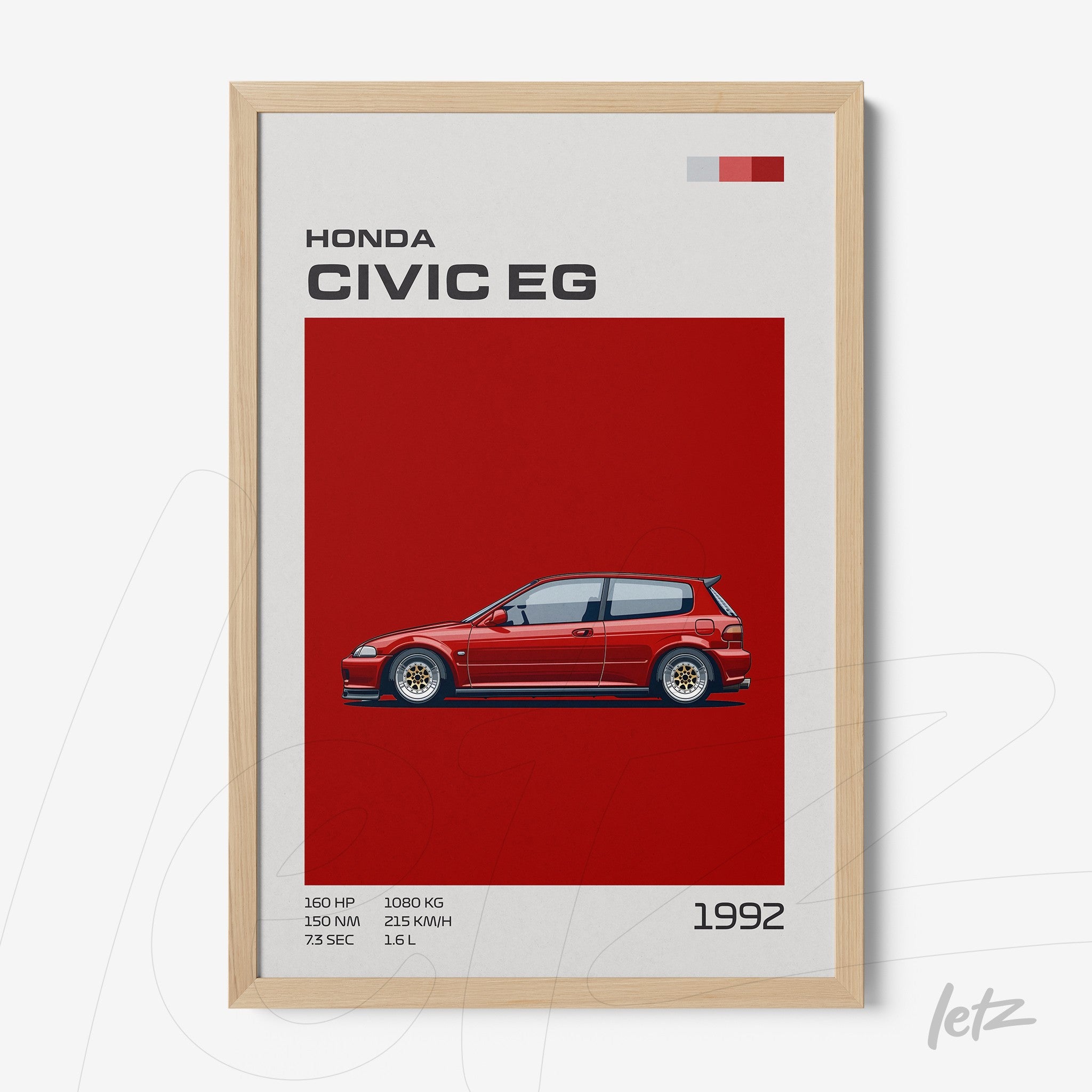 framed illustration of honda civic eg with a light wood frame and red background