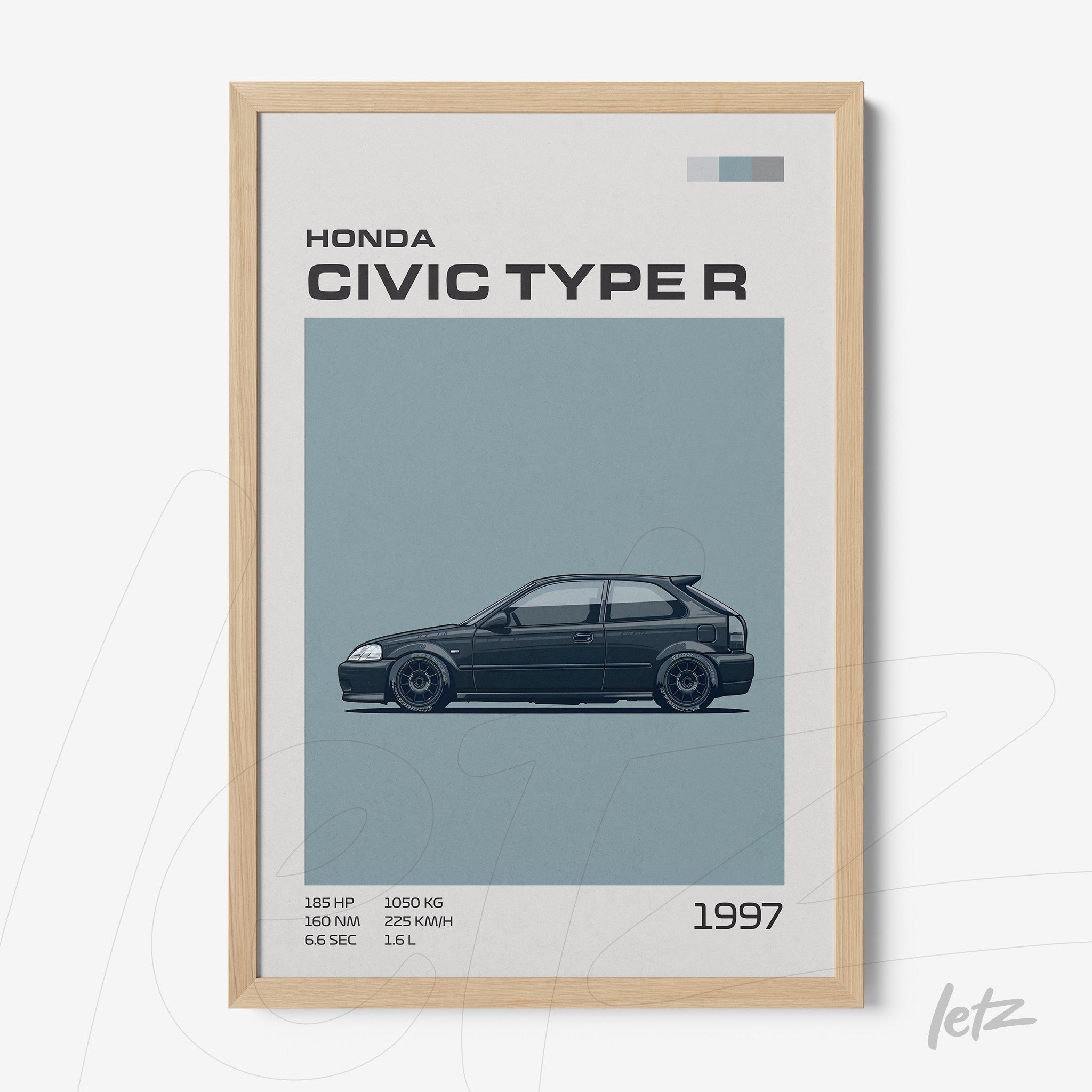 graphic art print of the 1997 Honda Civic Type R in a light wood frame