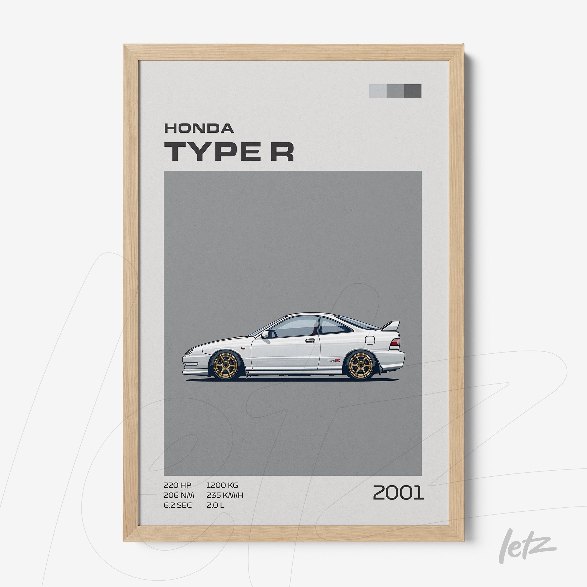 framed digital art of 2001 Honda Type R with light wood frame