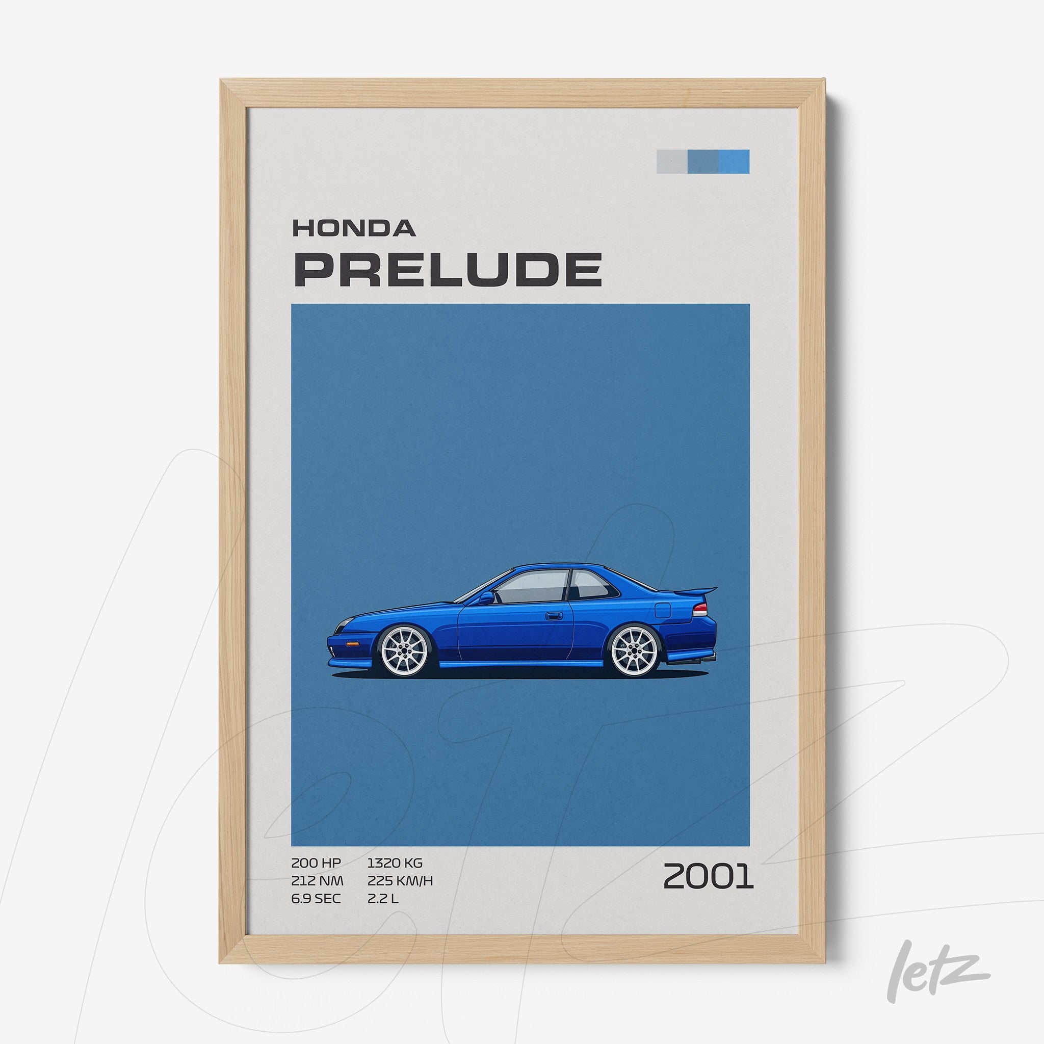 framed digital artwork of a blue 2001 Honda Prelude with light frame