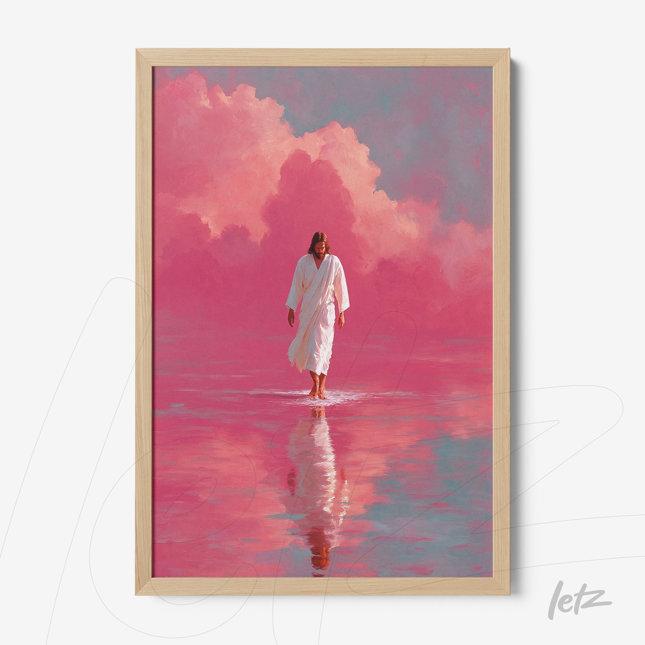 spiritual wall art featuring a figure in white robe walking on reflective water against a pink cloud background