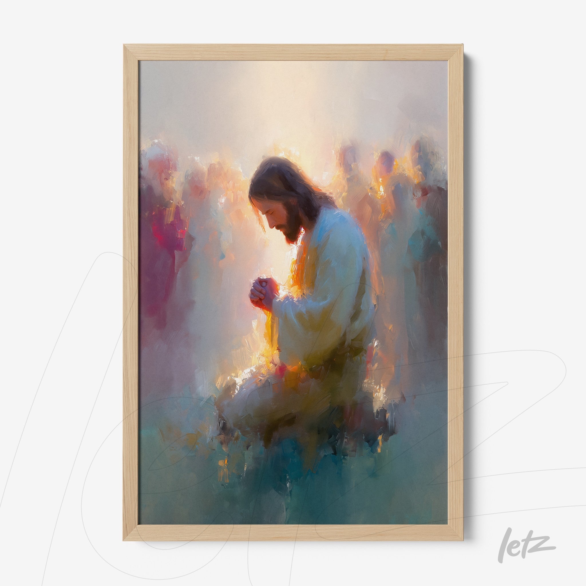 framed artwork of abstract representation of Jesus in prayer surrounded by soft-colored figures in the background