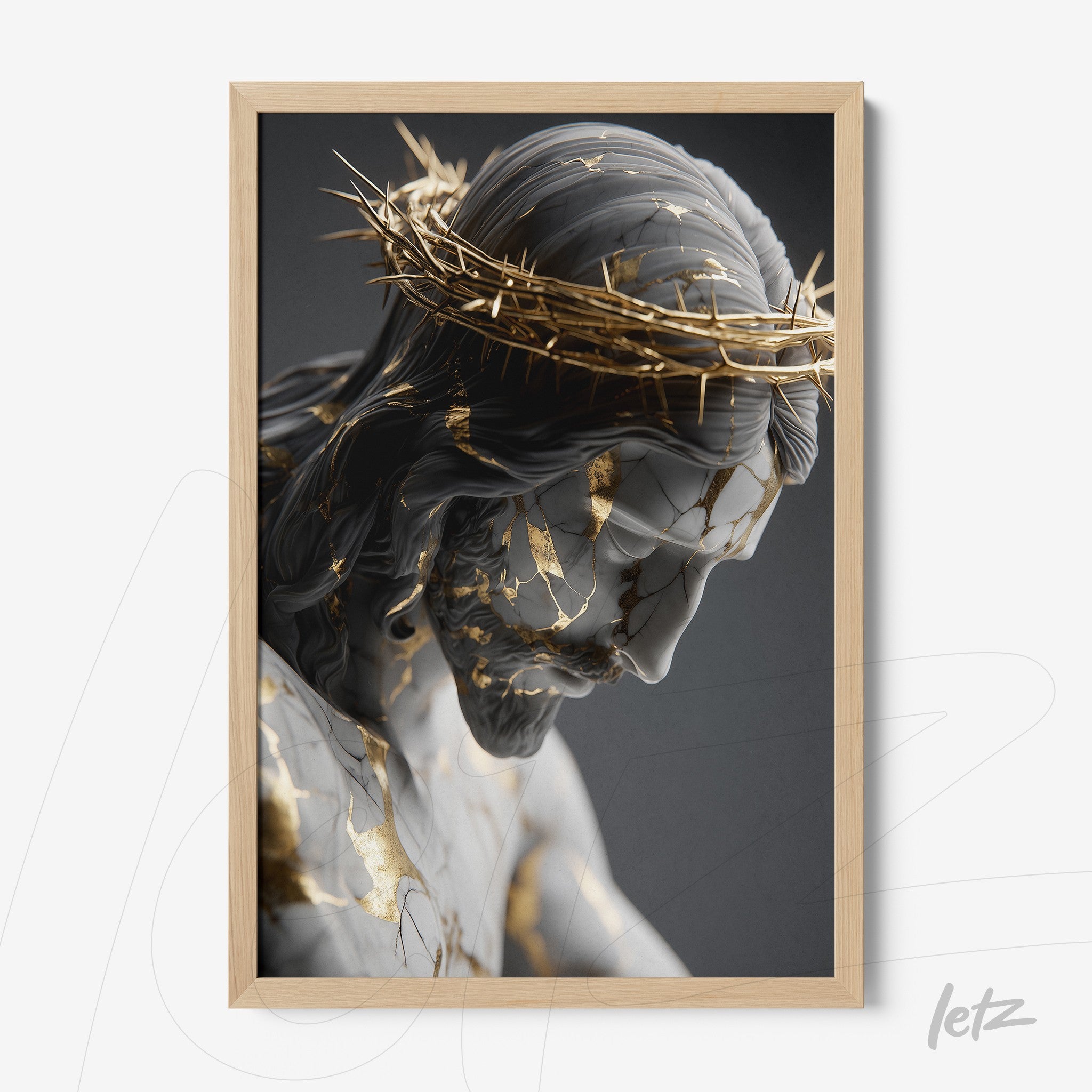 framed wall art featuring a sculpture of Christ adorned with golden leaves against a dark background