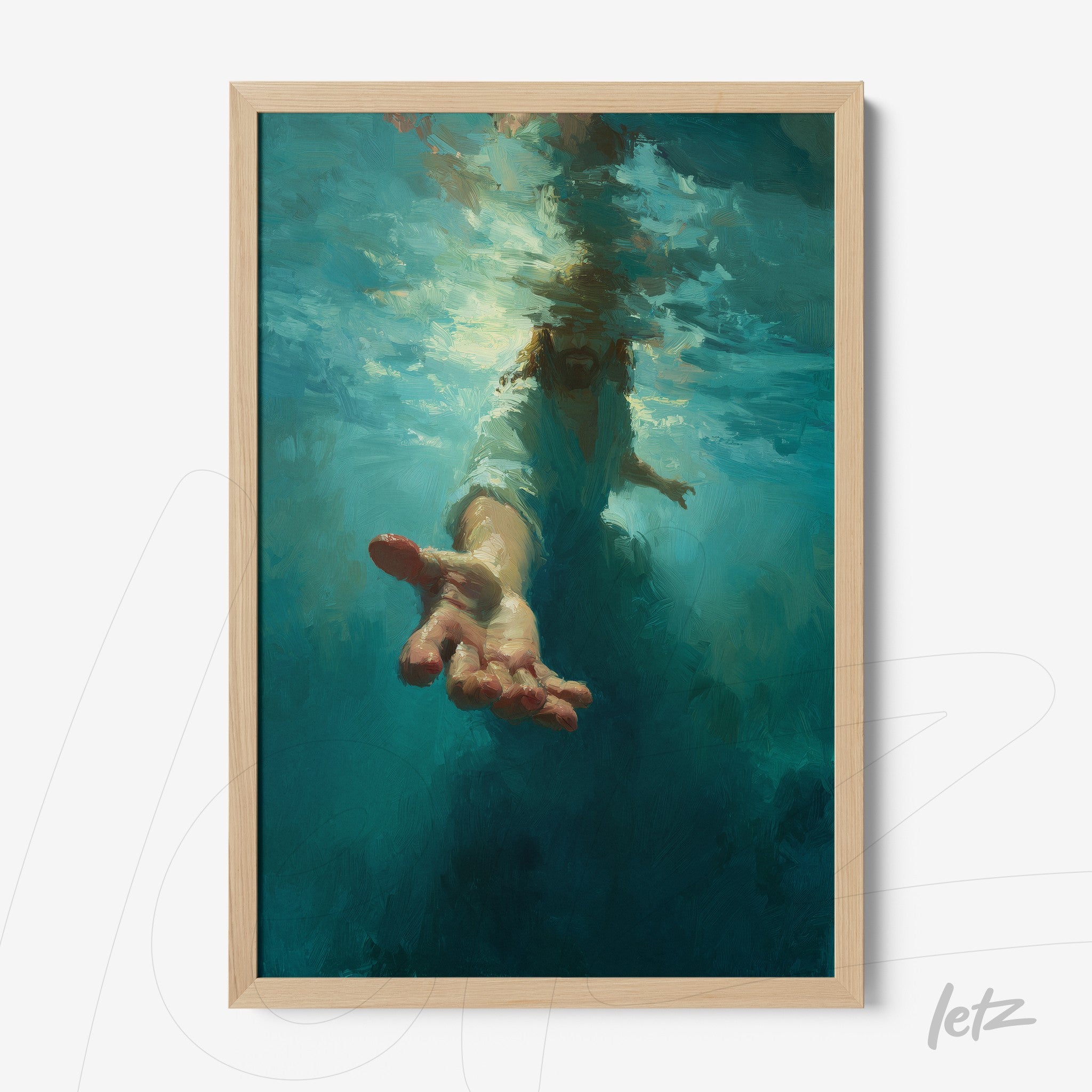 framed art depicting a hand emerging from deep blue water with a light wood frame