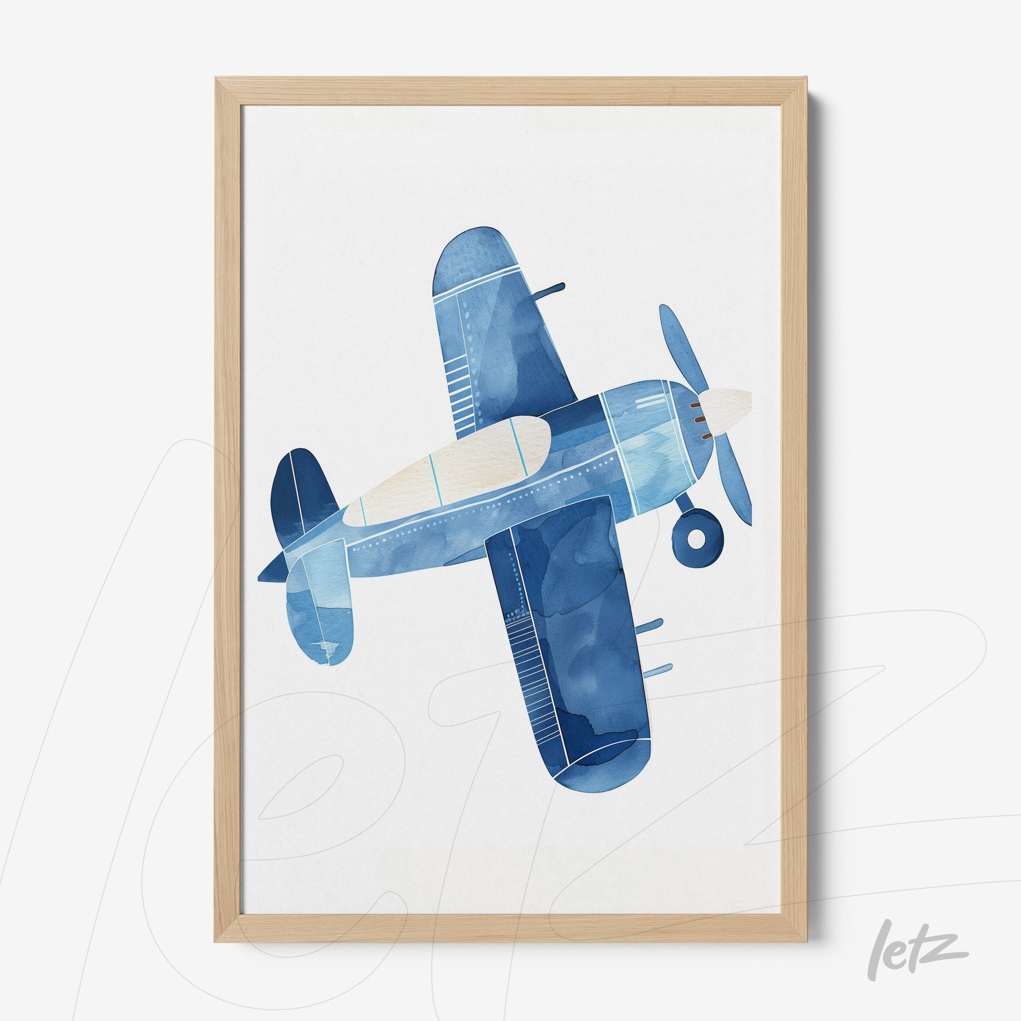 framed artwork featuring a watercolor illustration of an airplane in shades of blue with a light wood frame
