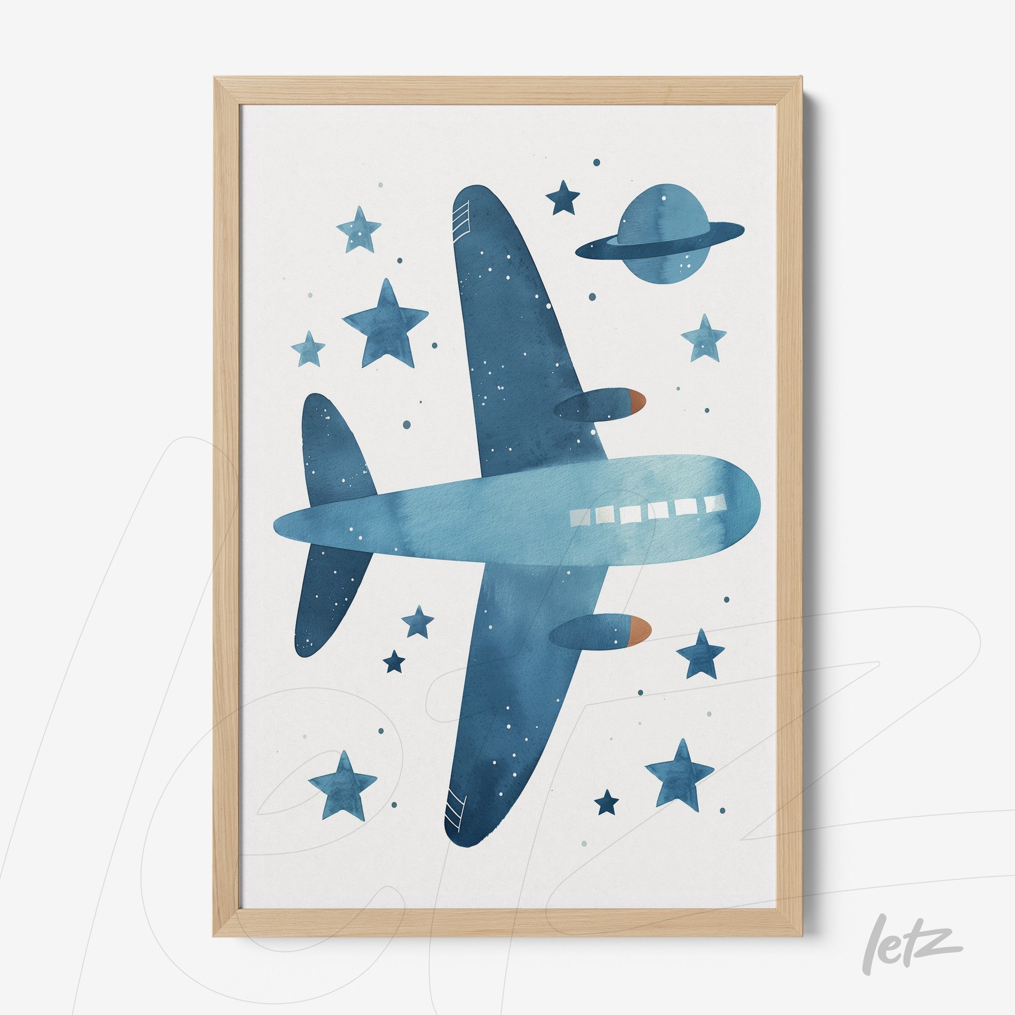 framed artwork featuring a blue airplane illustration against a light background with stars and a planet