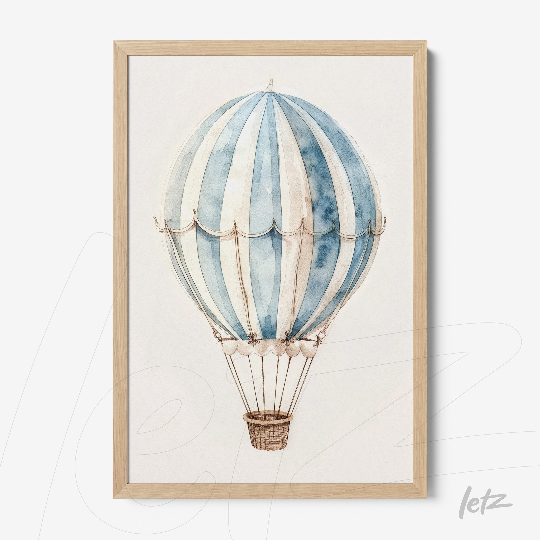 framed artwork of a blue striped hot air balloon on a light background