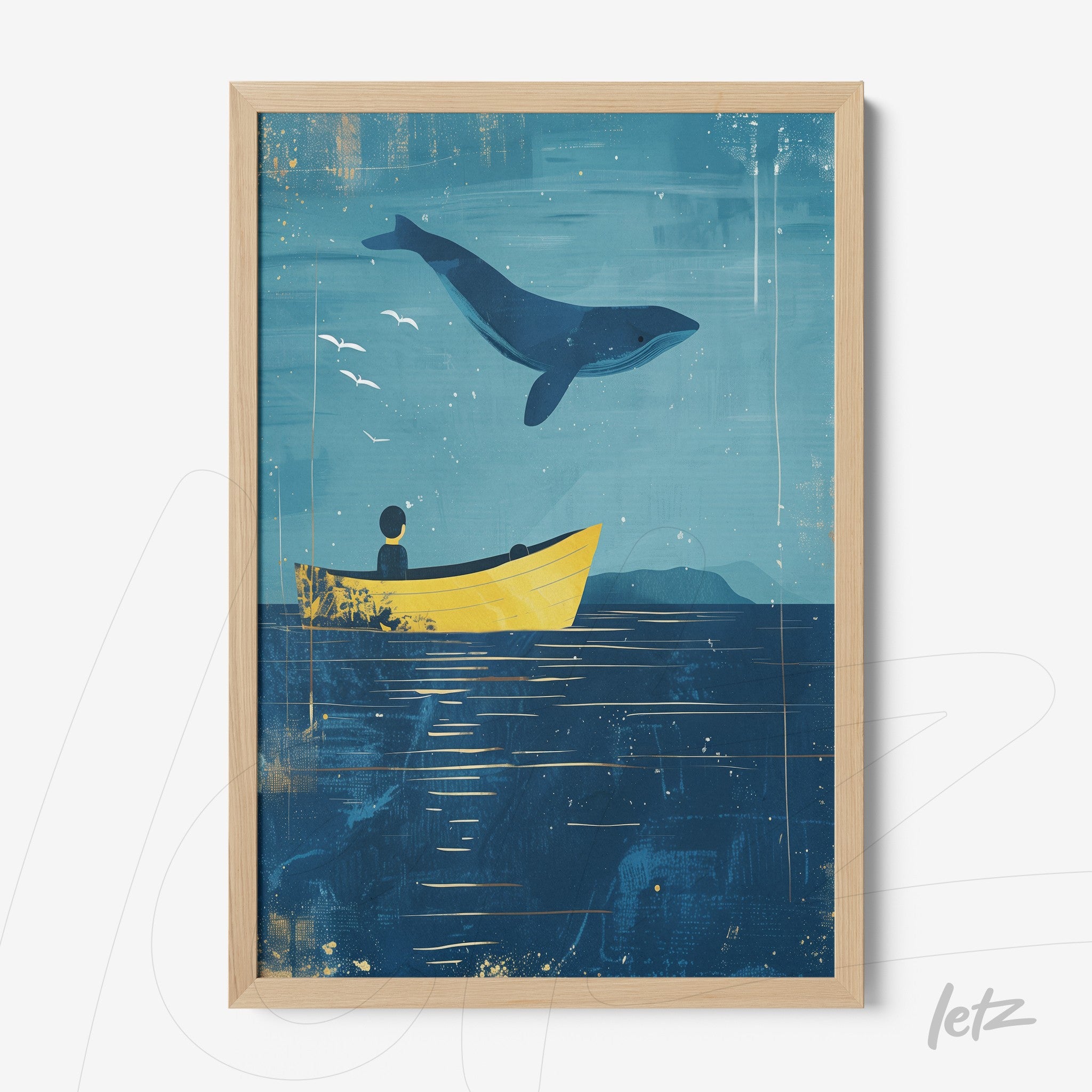 framed digital art of a boy in a yellow boat under a blue sky, while a whale leaps in the background with a light wood frame