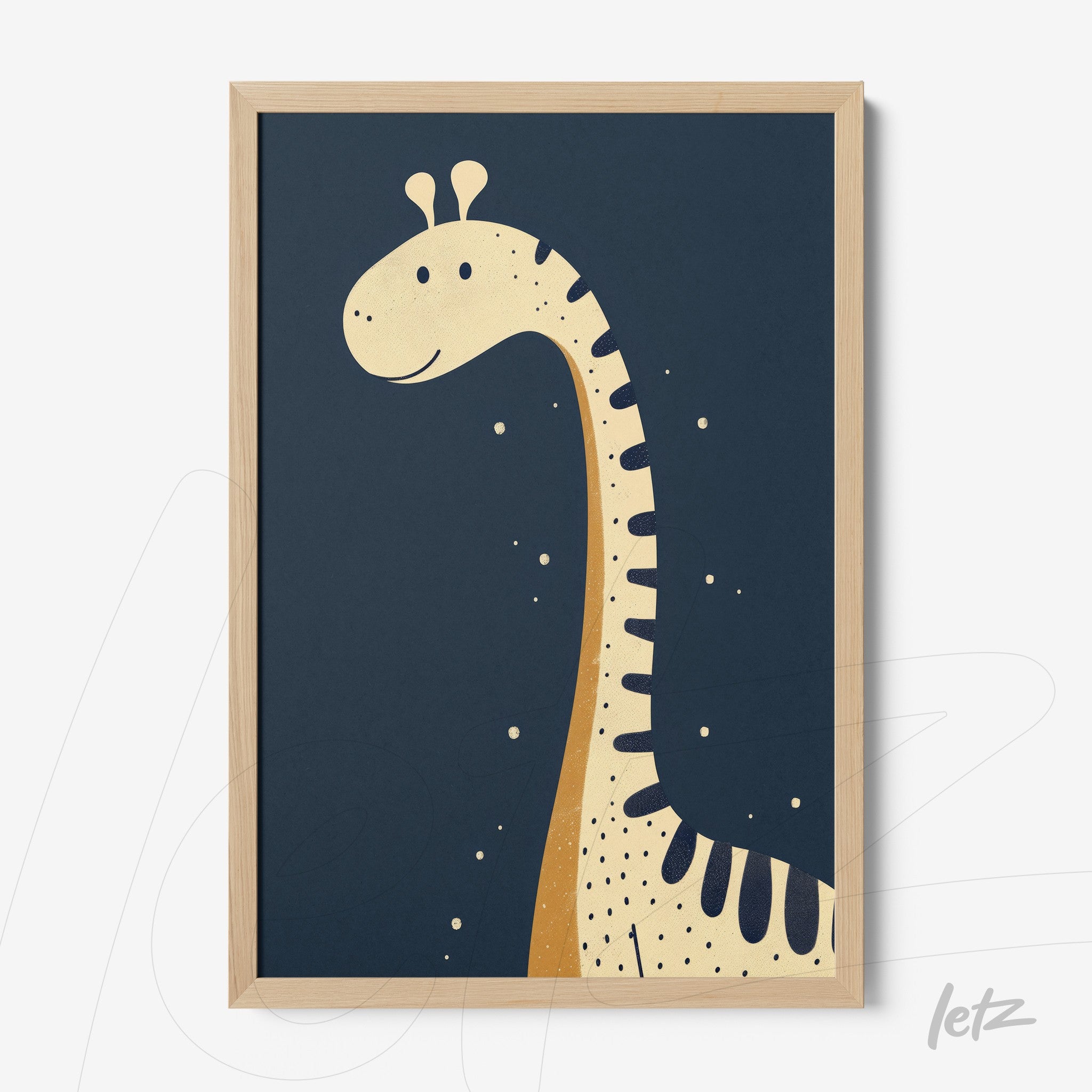 framed art print featuring a playful giraffe illustration on navy background with light wood frame