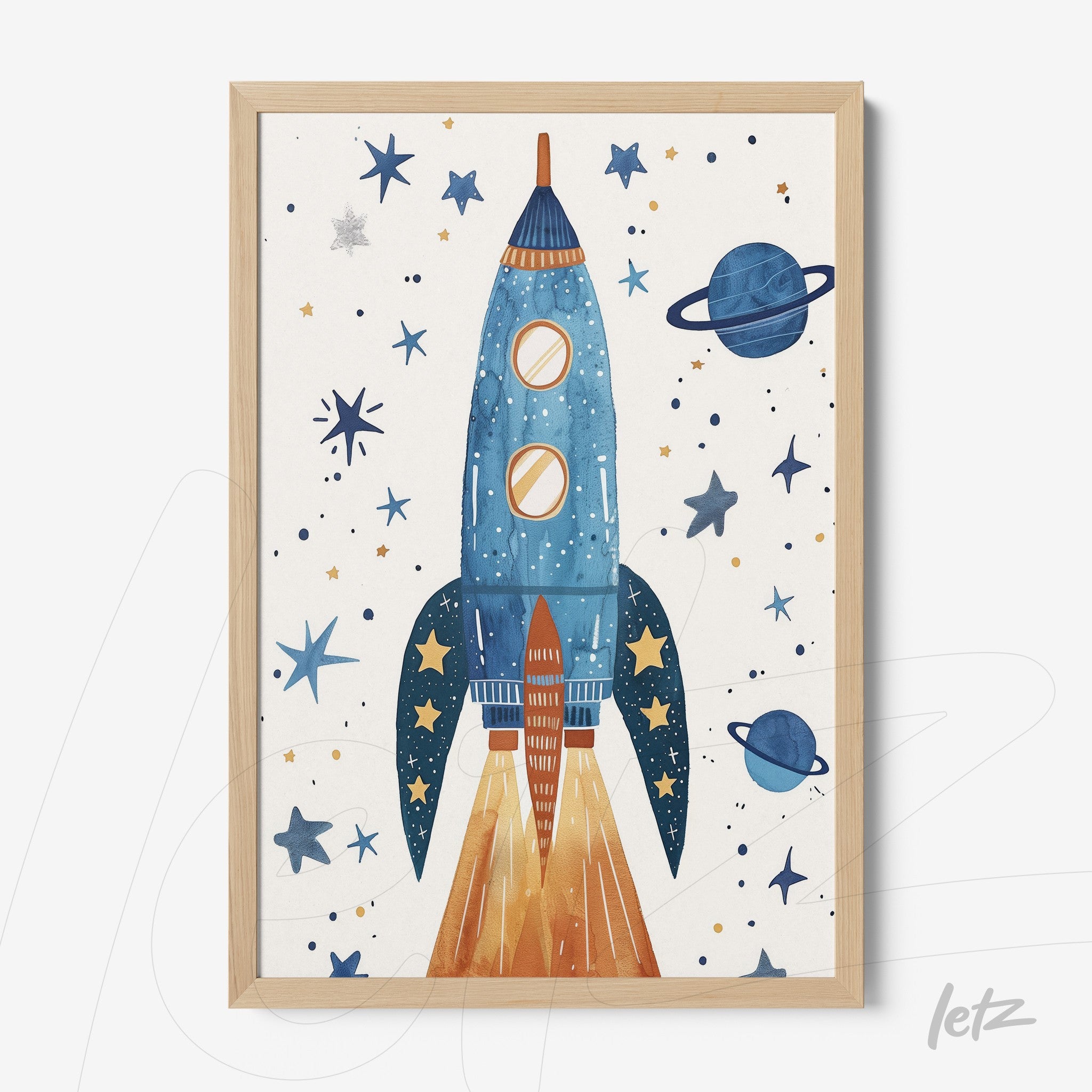 framed illustration of a blue rocket launching amidst a starry background with planets