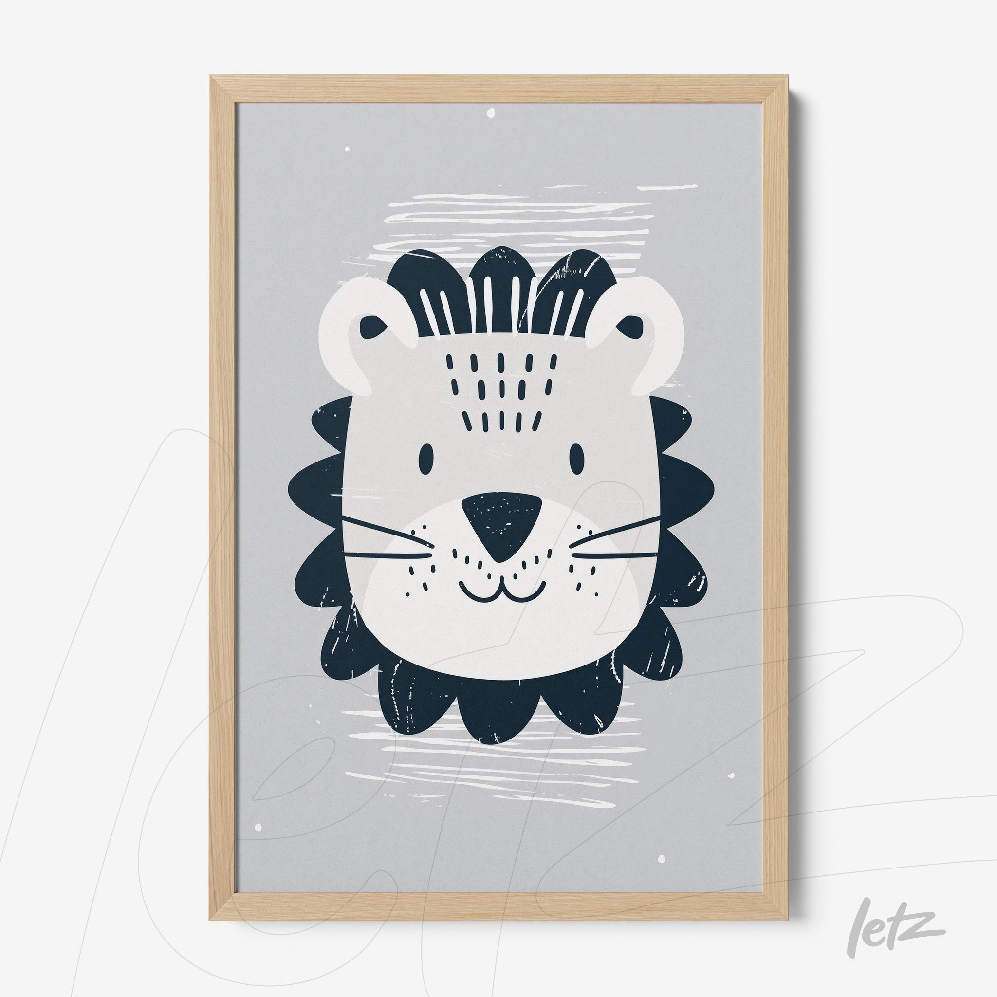 framed wall art featuring a stylized lion illustration on a gray background with a light wood frame