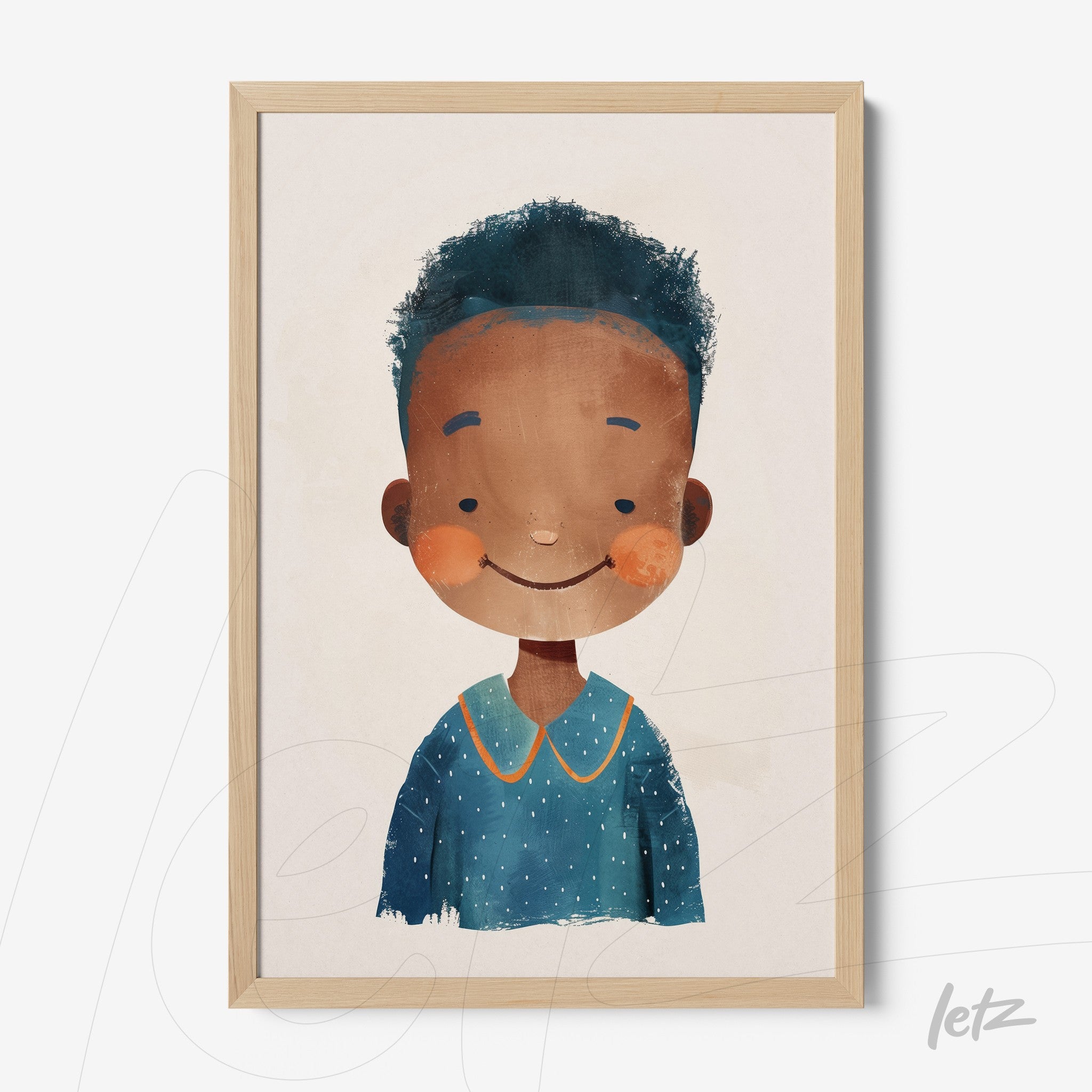 framed wall art featuring a cheerful illustration of a smiling boy with a light wood frame