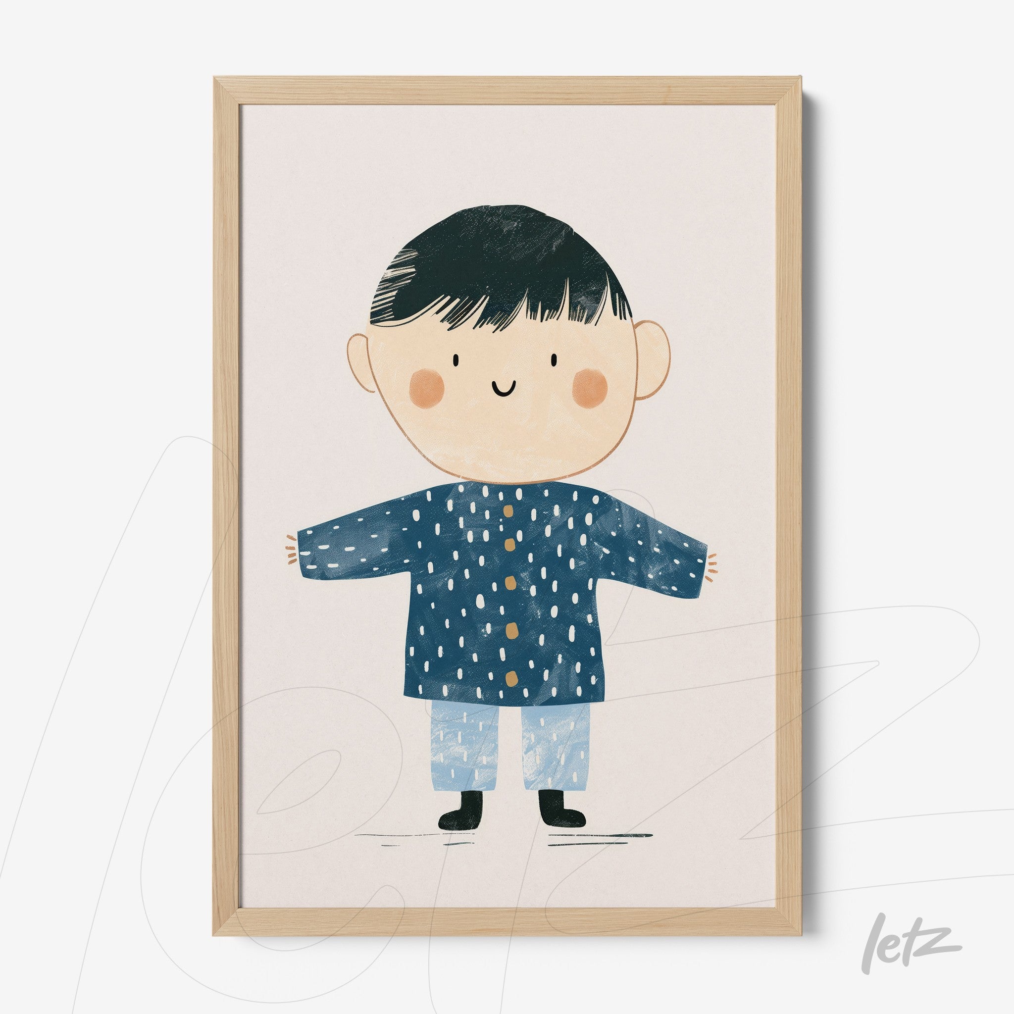 framed wall art featuring a happy child illustration in a blue polka dot coat with light wooden frame