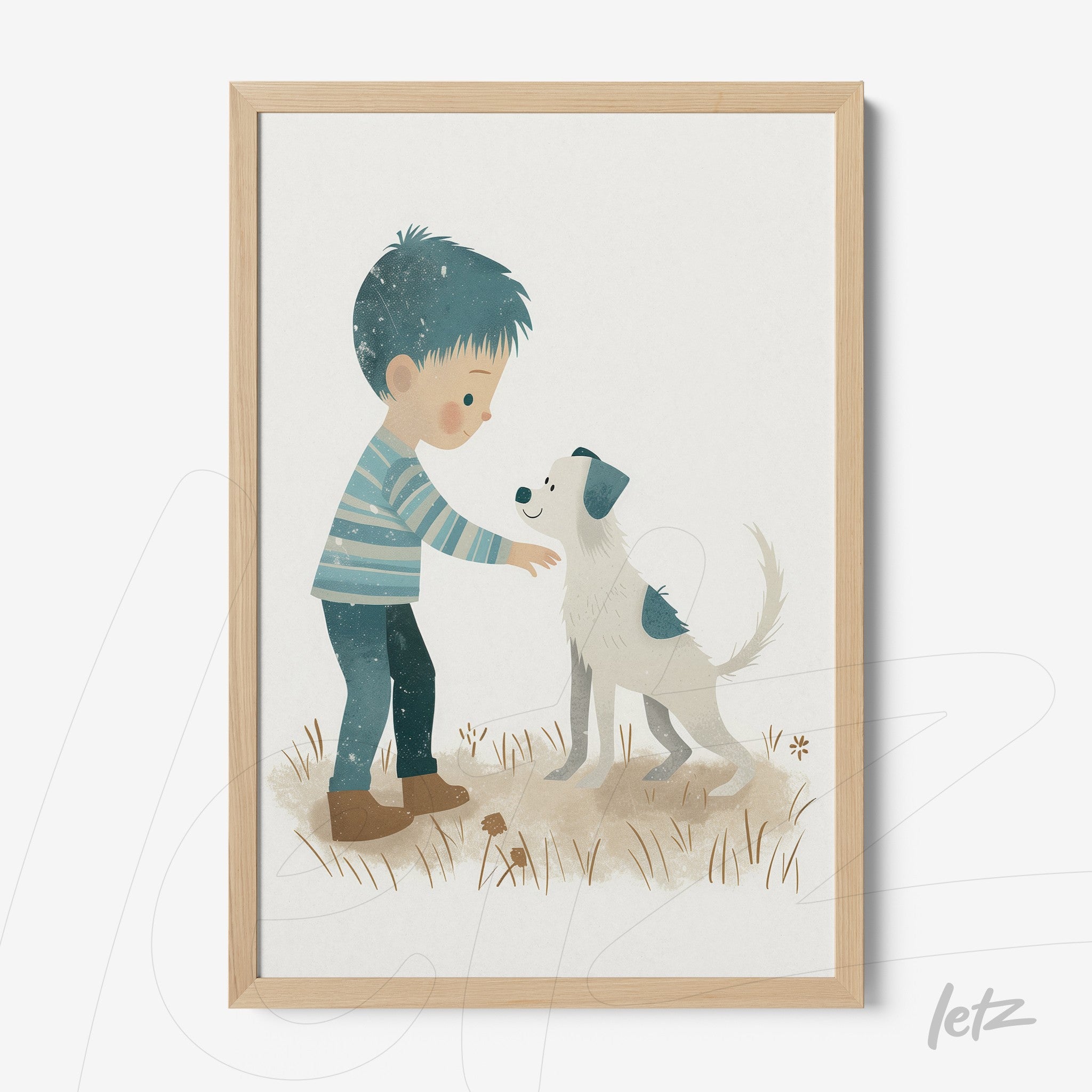 framed wall art of a child petting a dog with a light wood frame