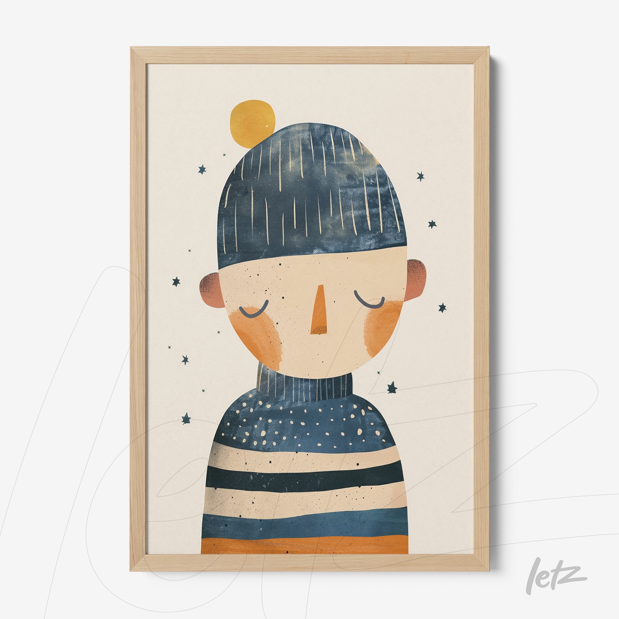 framed art featuring a colorful illustration of a human figure with a striped sweater and beanie in blue and orange tones