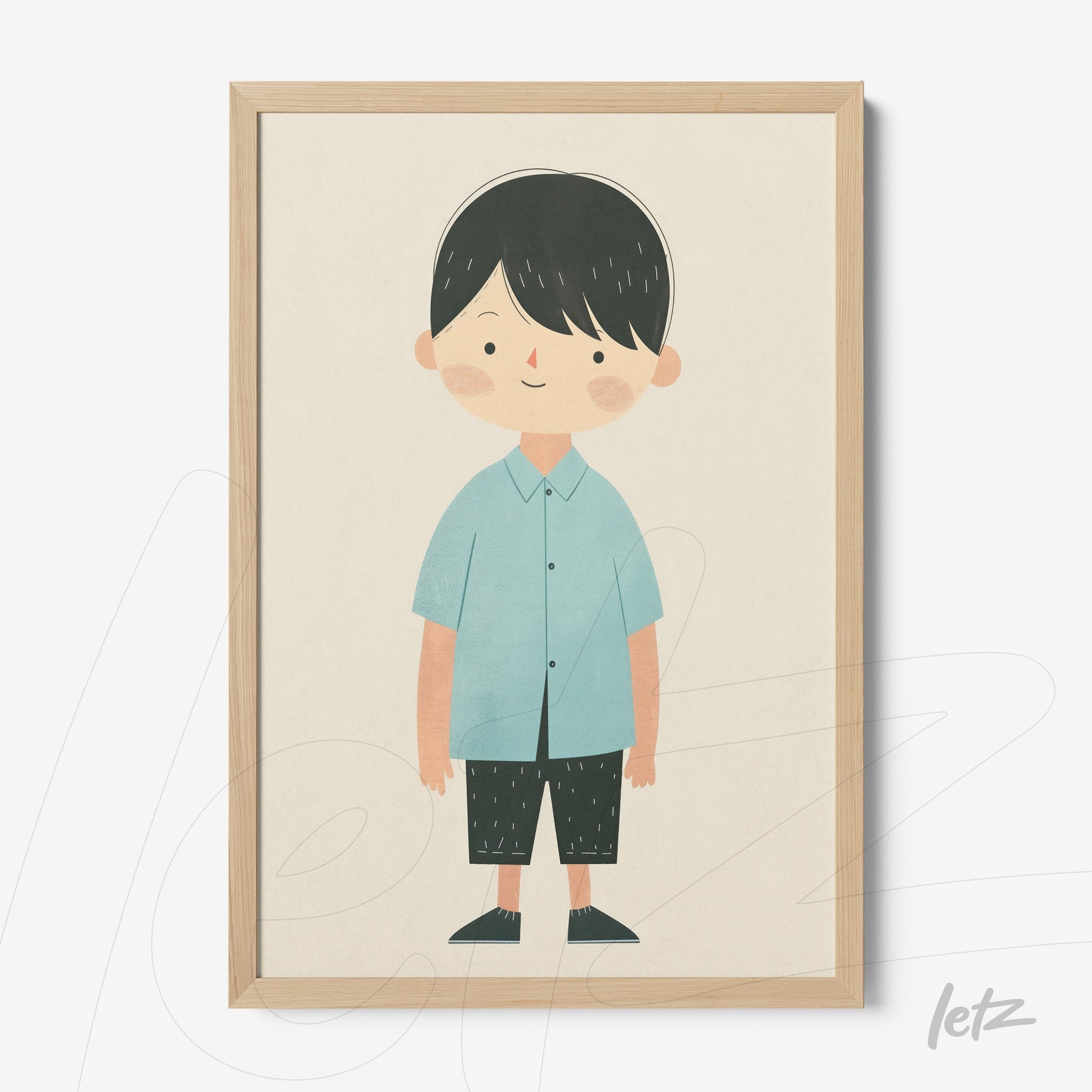 framed artwork of a cheerful boy wearing a blue shirt and black pants with a light wood frame