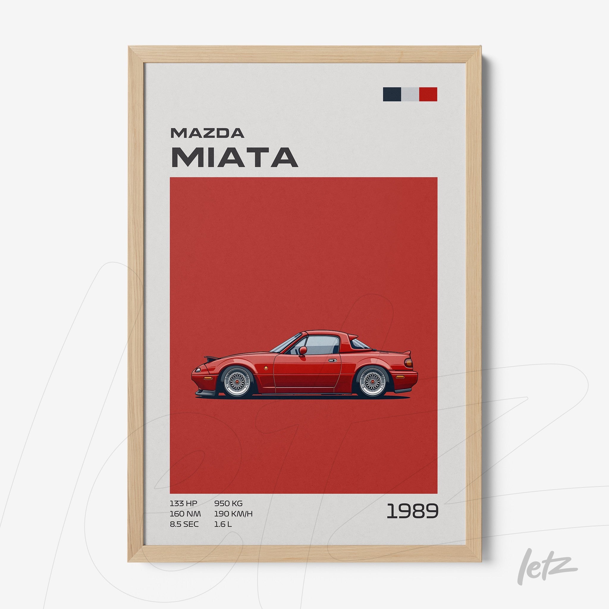 decorative wall art featuring an illustration of the 1989 Mazda Miata on a red background with a light wooden frame
