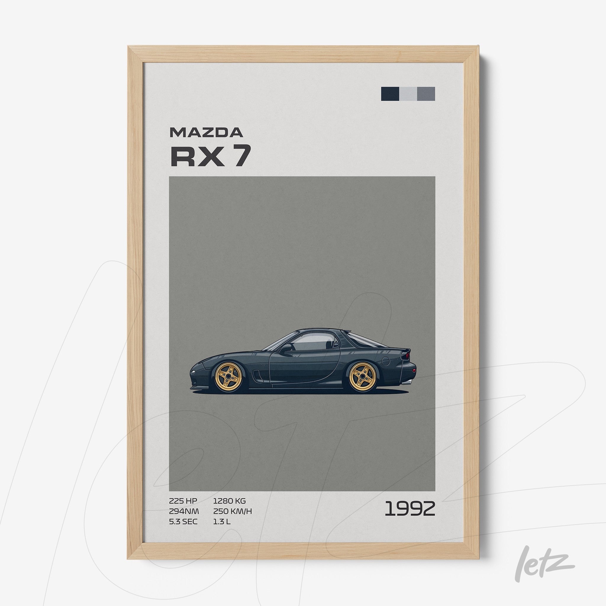 minimalist wall art of the Mazda RX-7 car in a light wood frame