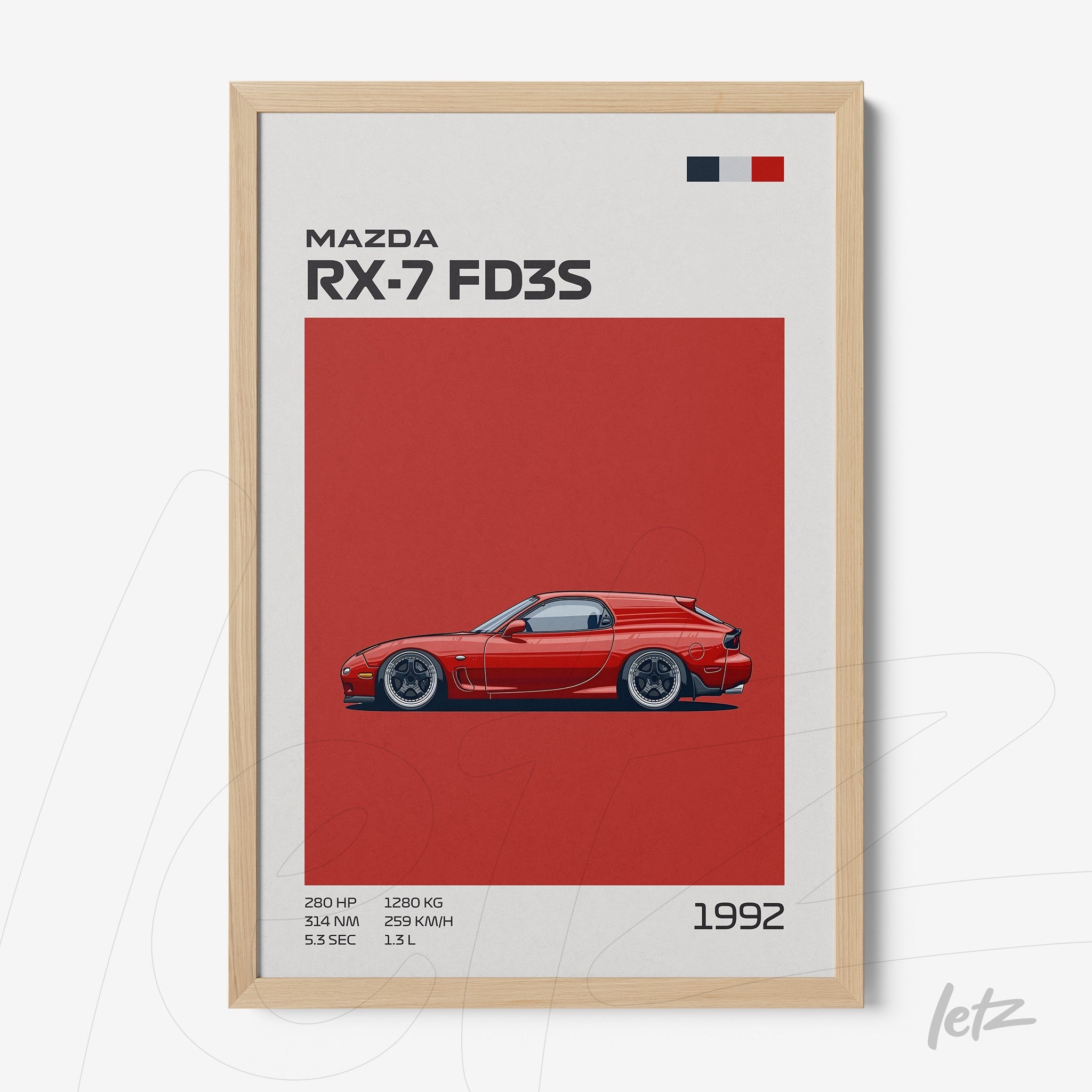 framed artwork featuring the stylized Mazda RX-7 FD3S with light wood frame