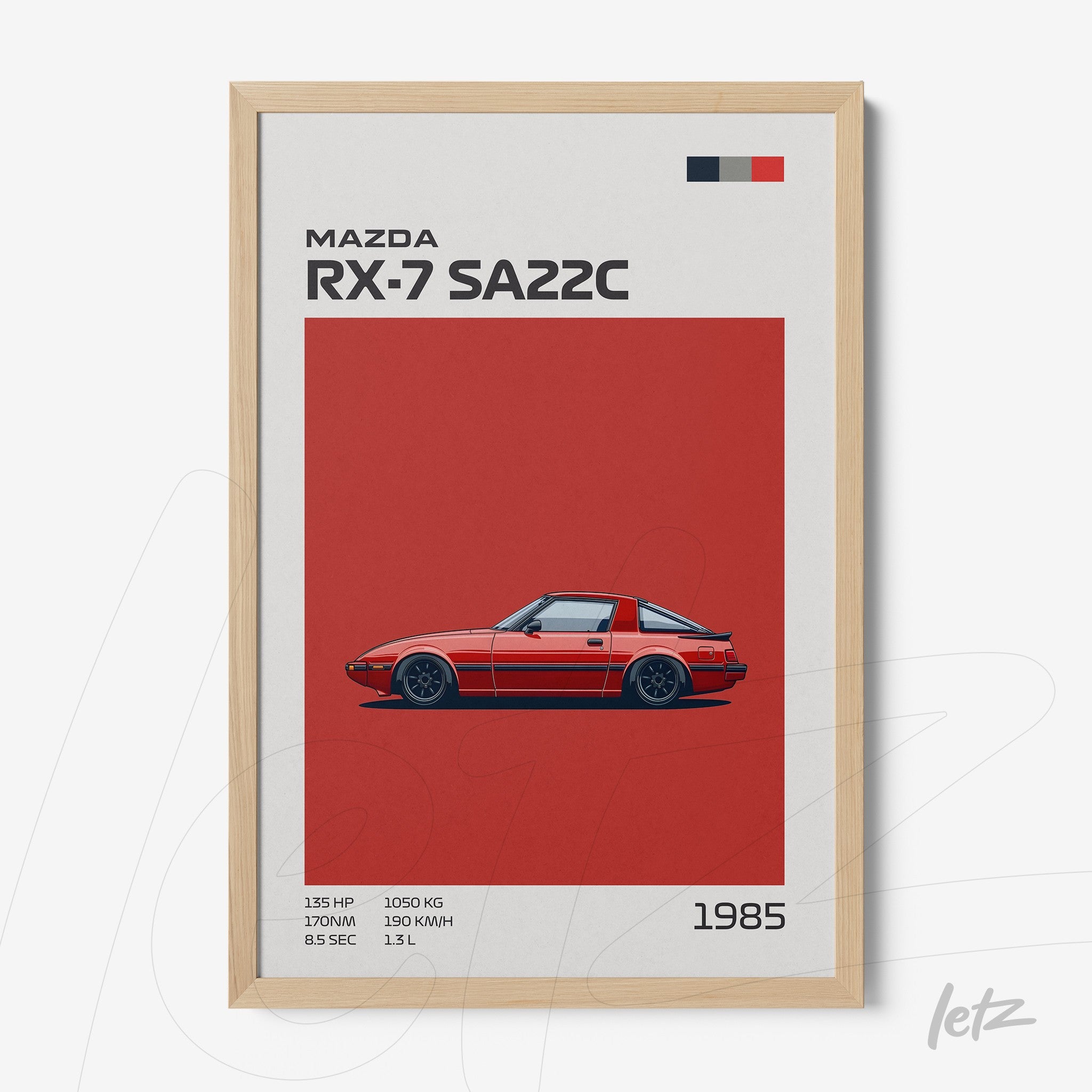 framed artwork featuring the Mazda RX-7 SA22C in red background with light frame and textual details