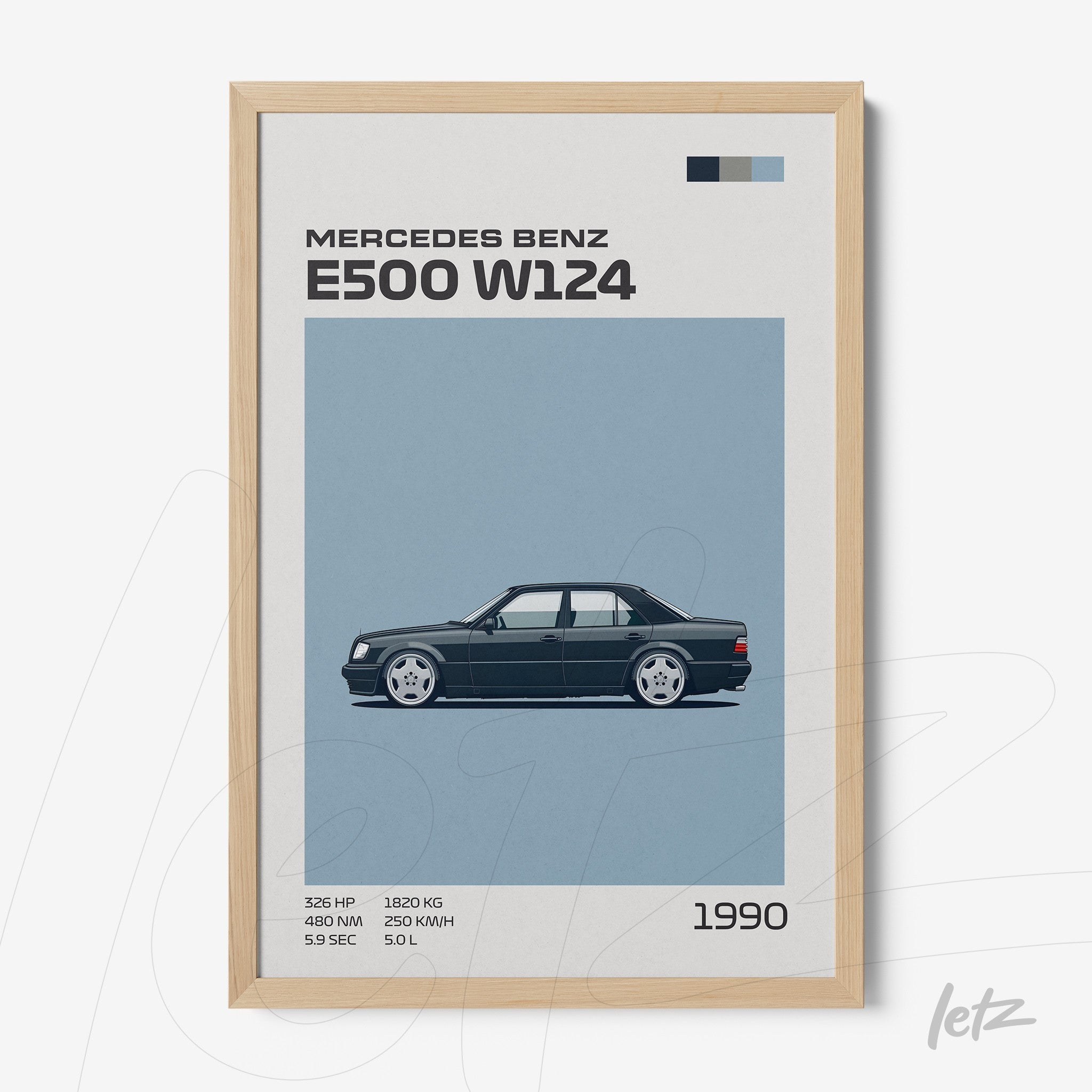 framed minimalistic illustration of the Mercedes Benz E500 W124 car with light wood frame