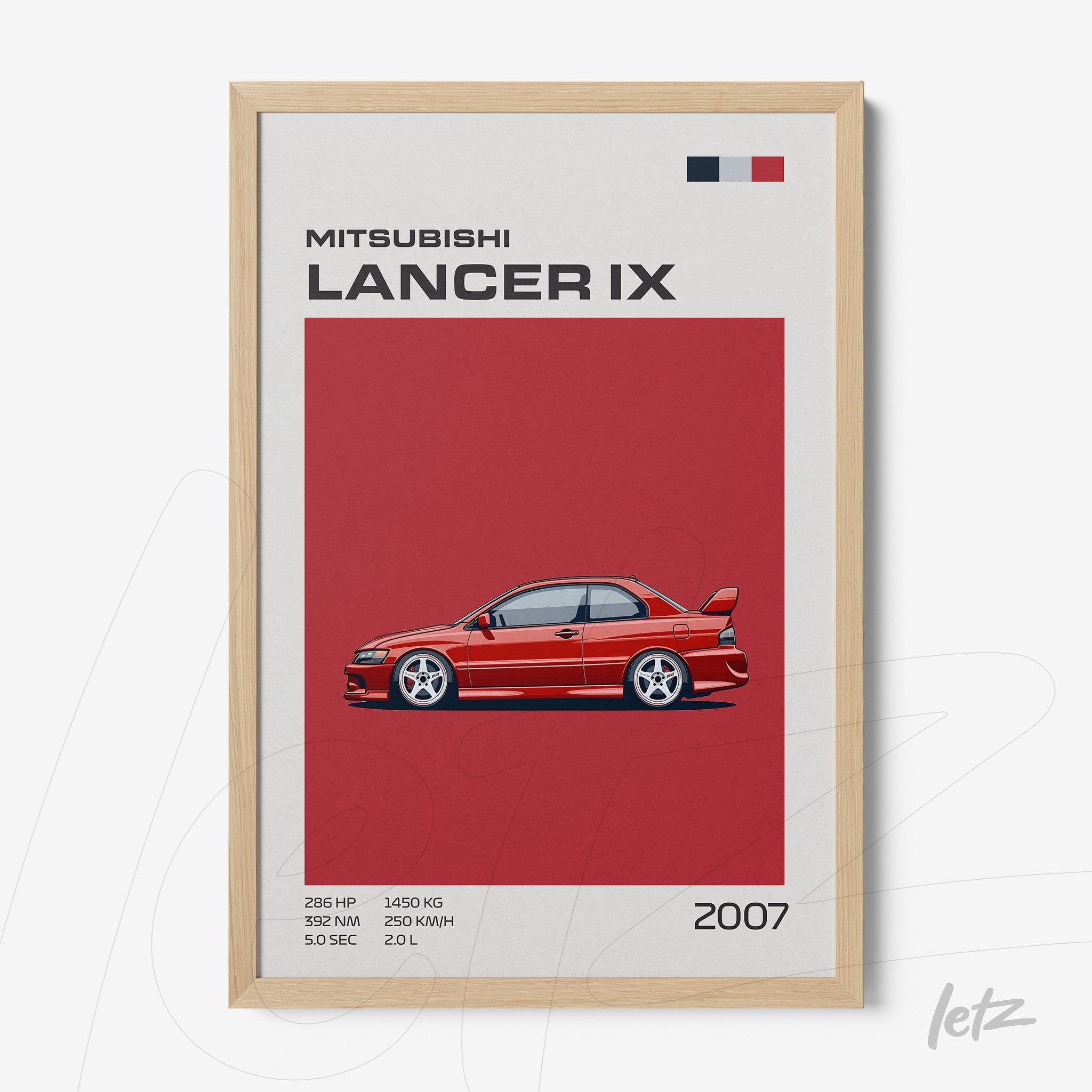 framed art depicting the Mitsubishi Lancer IX with a red background and light wood frame