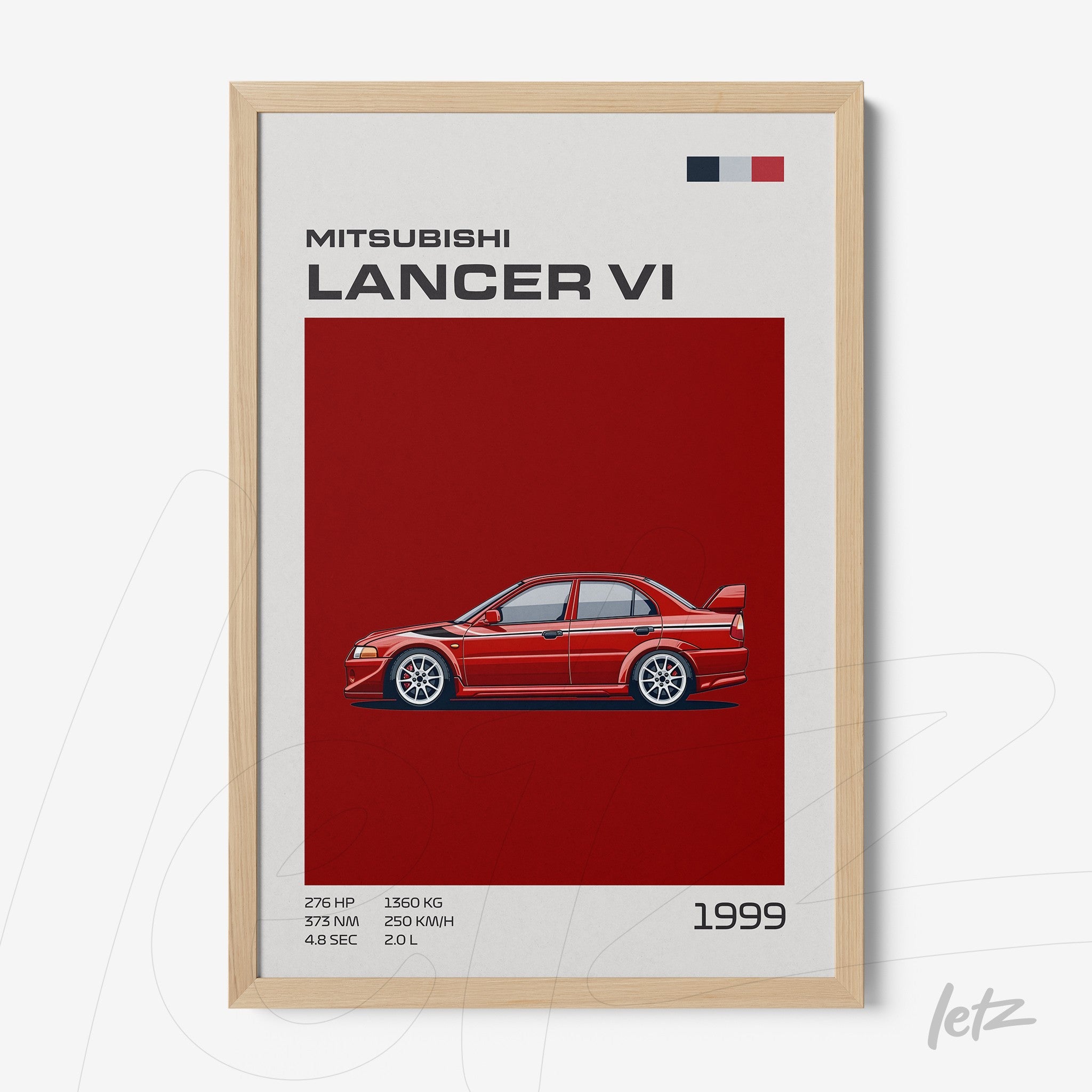 framed artwork featuring detailed illustration of 1999 Mitsubishi Lancer VI with light wood frame
