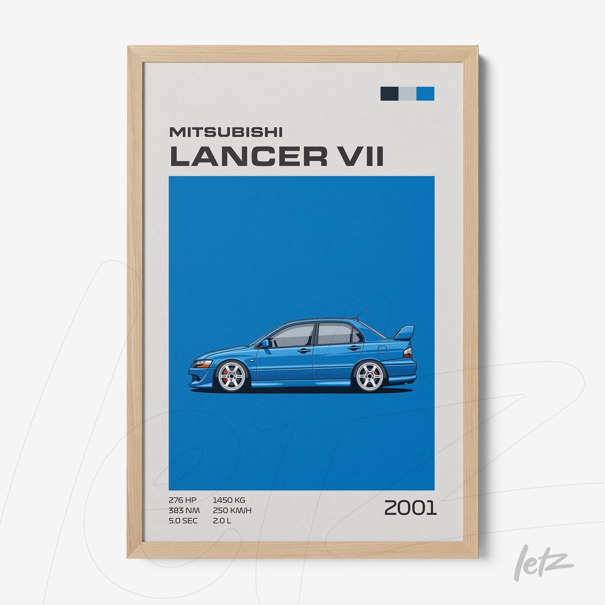 framed artwork of Mitsubishi Lancer VII with a blue background and light frame