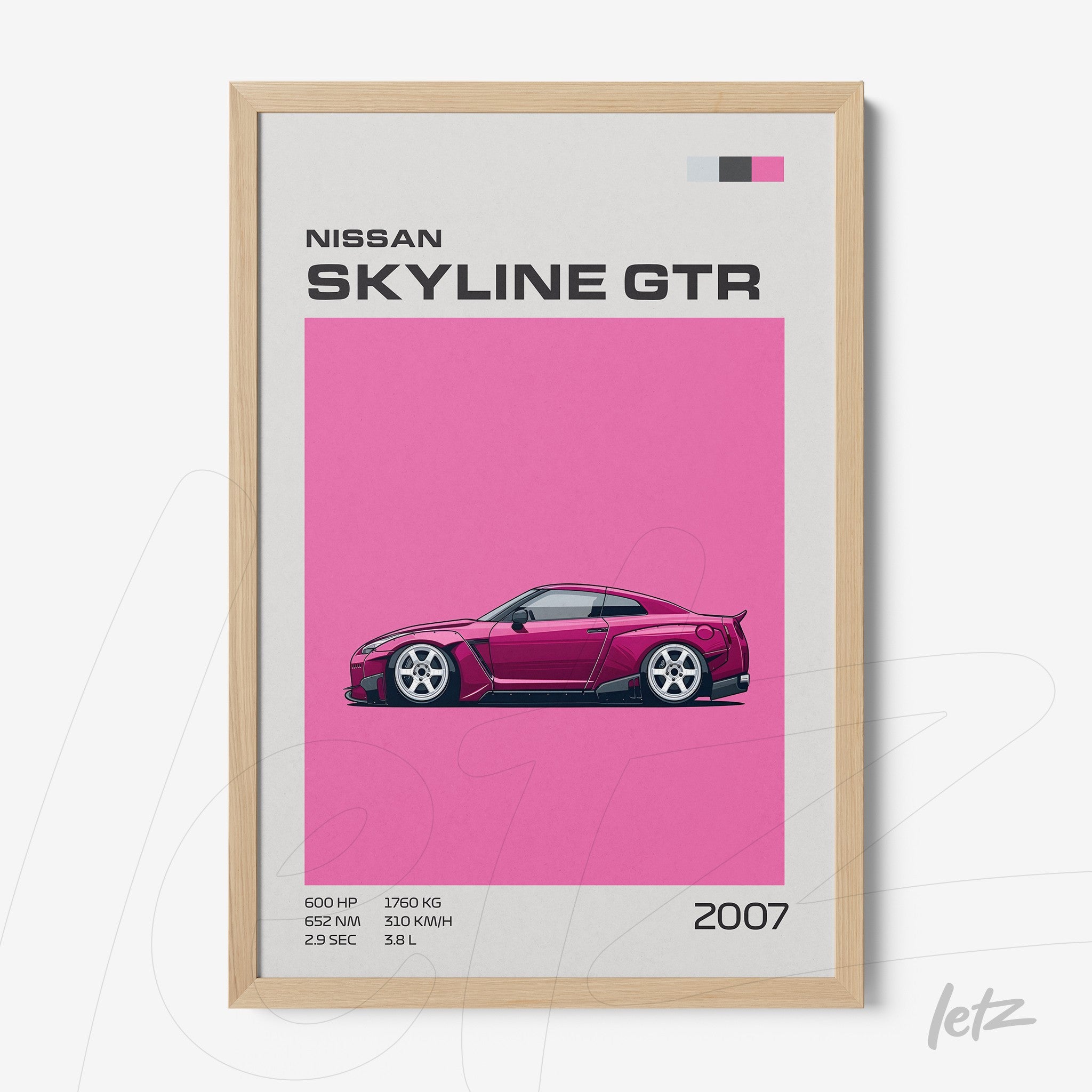 framed artwork featuring a 2007 Nissan Skyline GTR illustration on a pink background with light wood frame