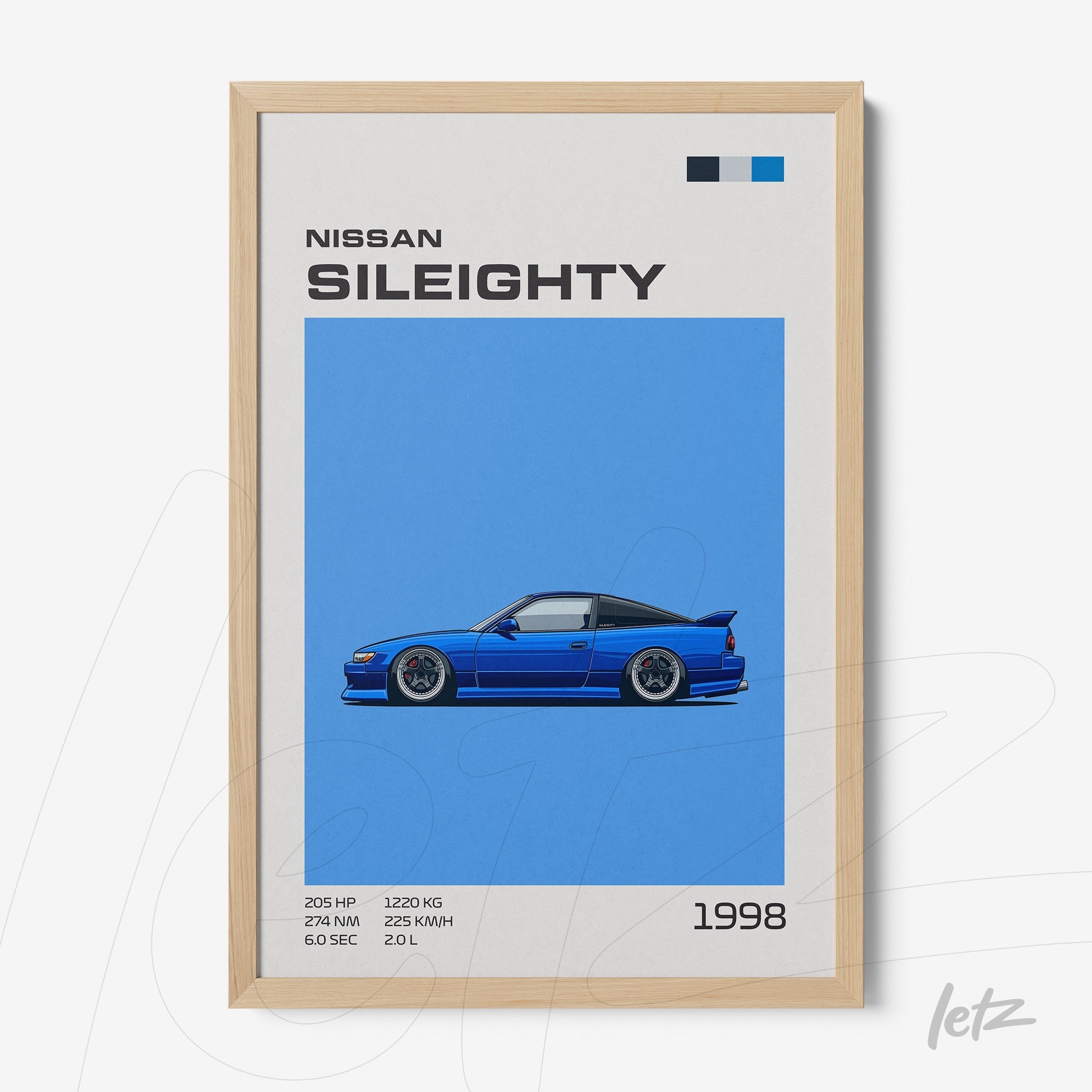 framed wall art featuring a digital illustration of a Nissan Sileighty car against a vibrant blue background with a light wood frame