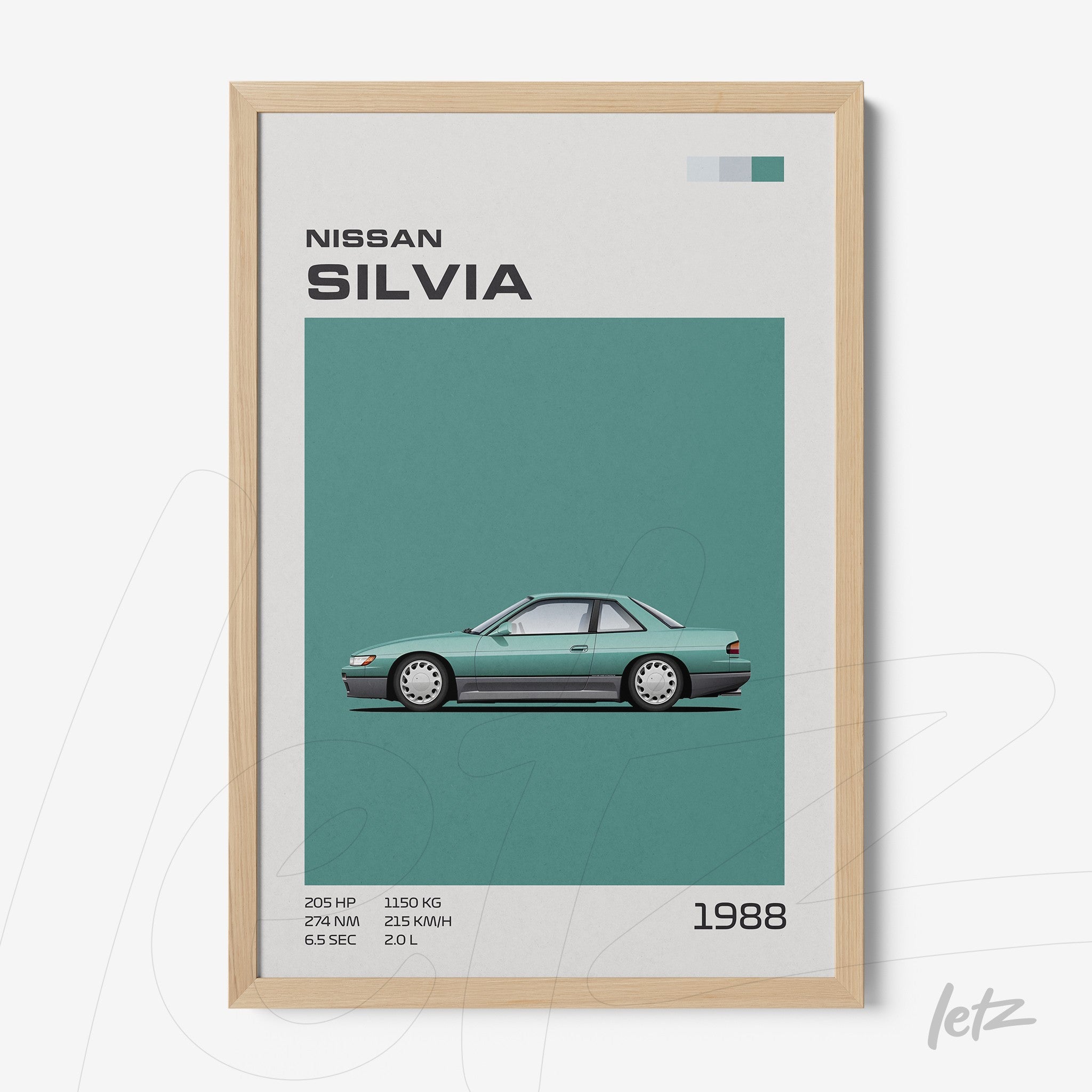 framed art featuring classic 1988 Nissan Silvia illustration in light wood frame