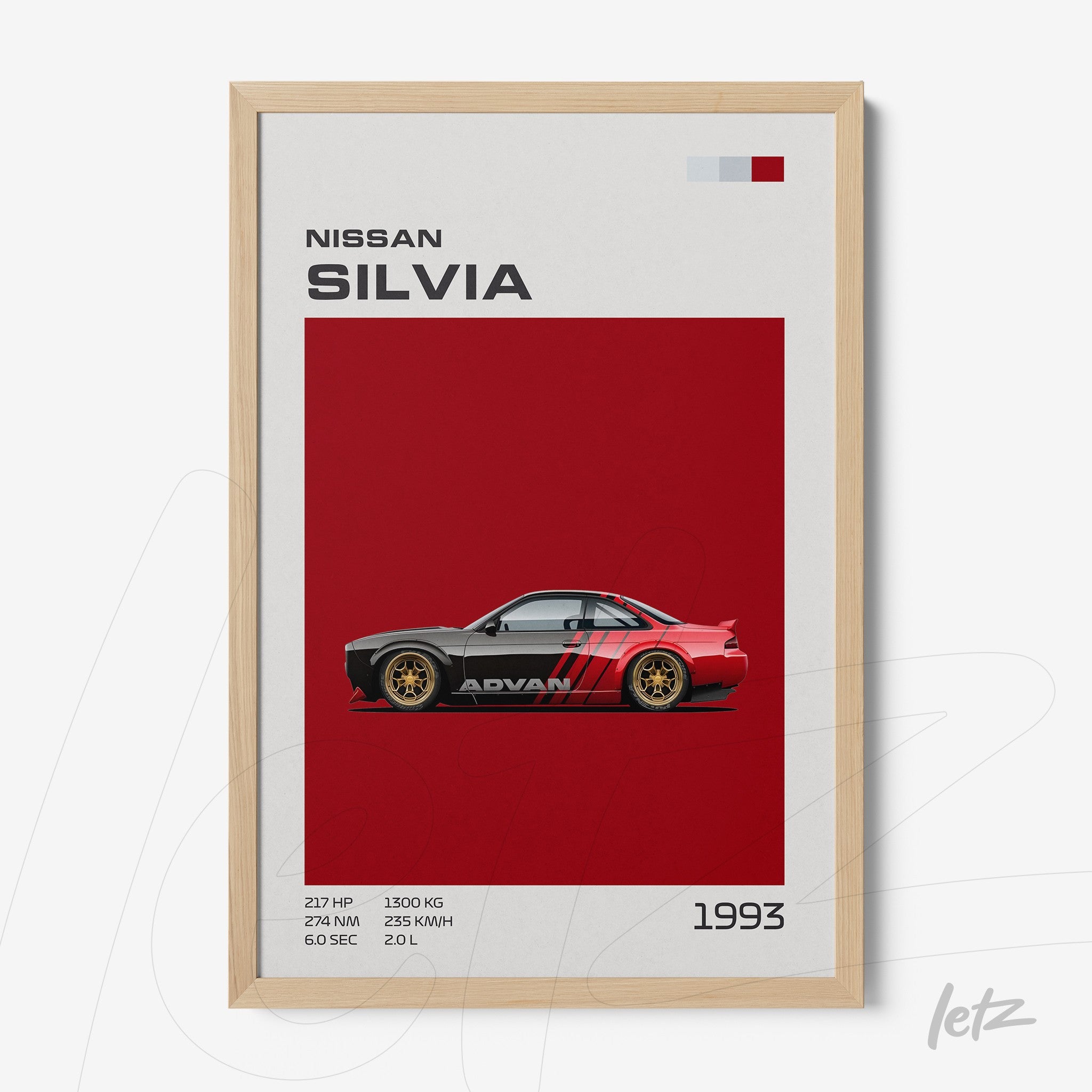 framed wall art featuring a digital illustration of the Nissan Silvia car with a light wood frame and red background