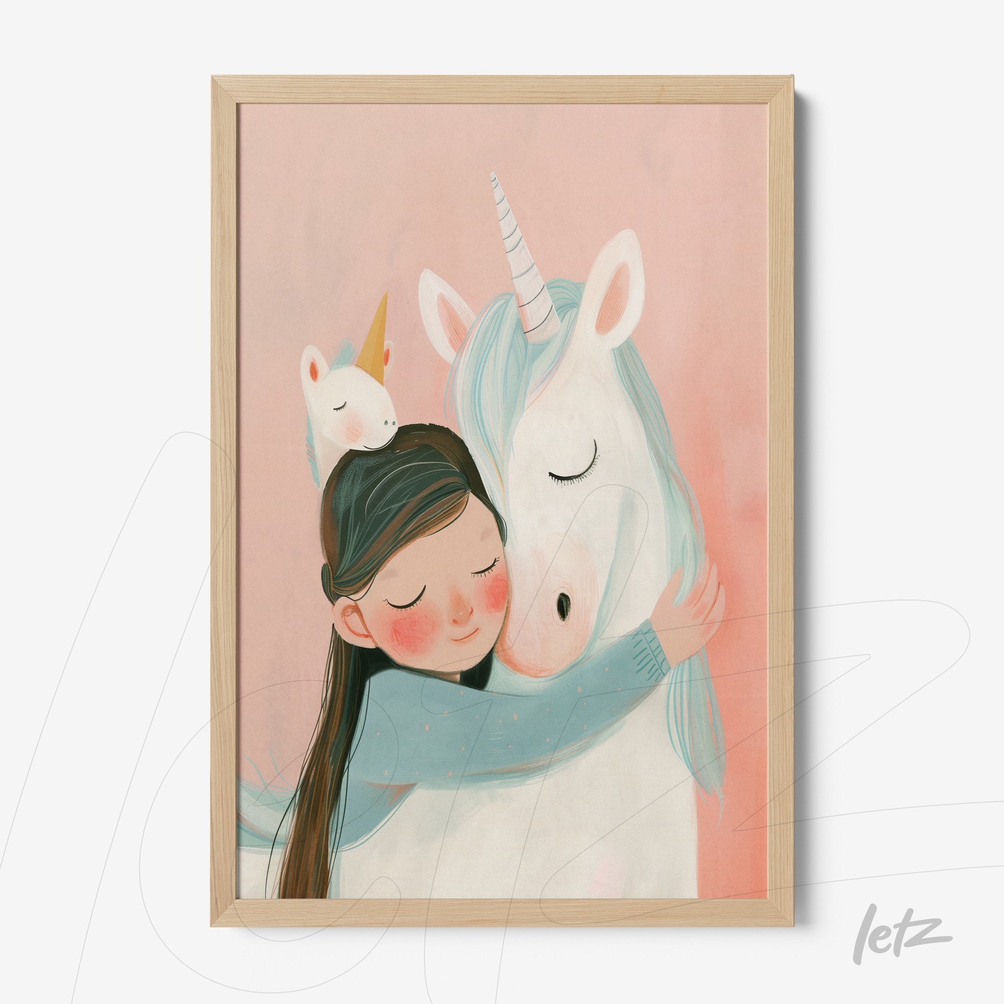 children's art print of a girl hugging a unicorn framed in a light wood frame