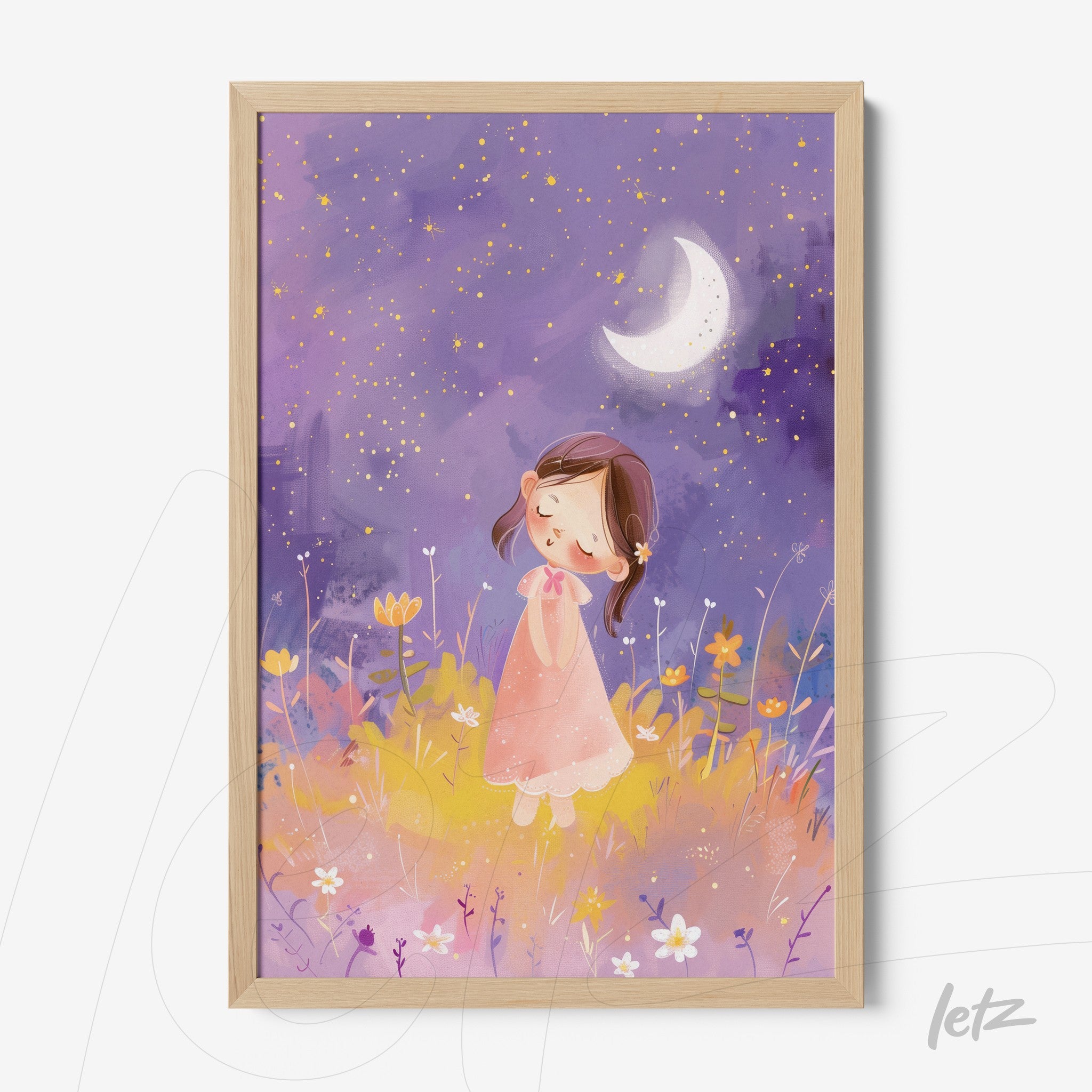 framed illustration of a girl in a pink dress surrounded by flowers in a field under a starry night sky with a crescent moon, featuring a light wood frame