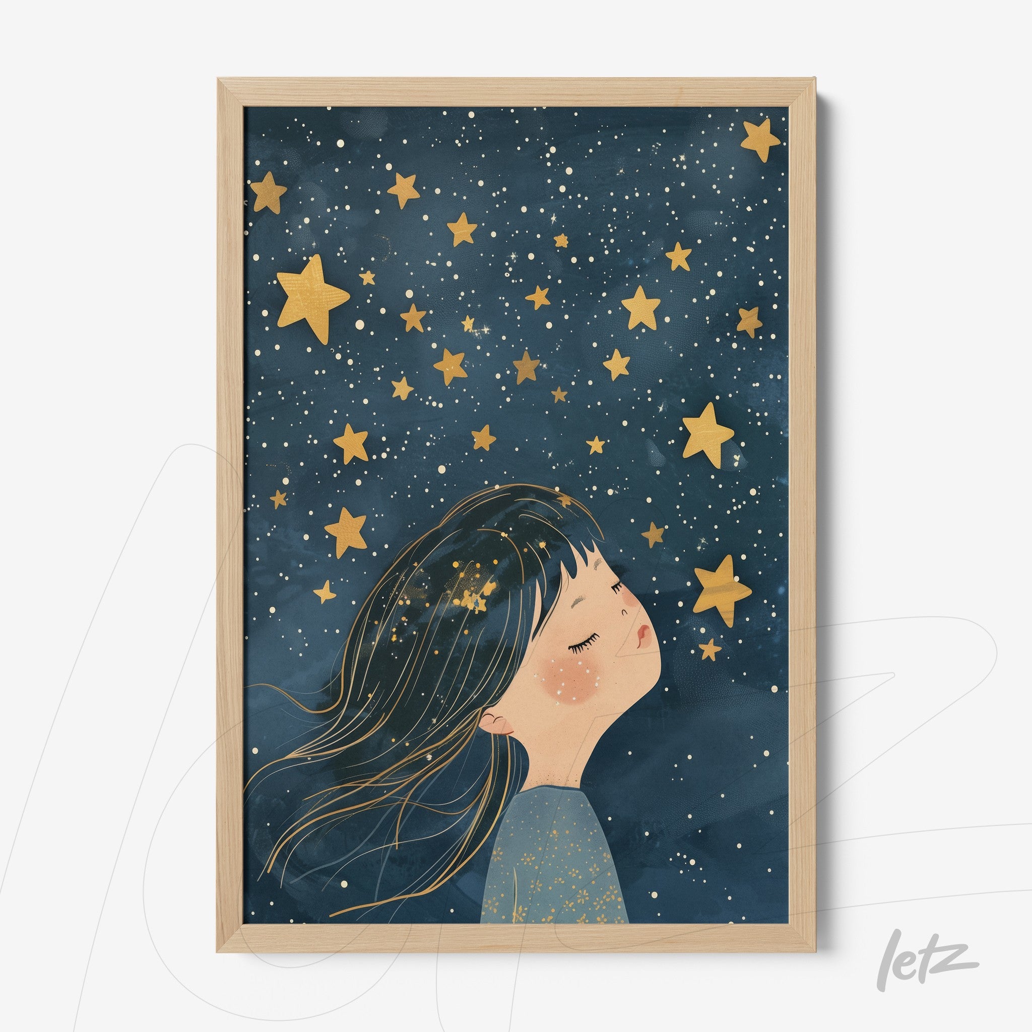 framed artwork featuring a dreamy girl under a starry sky with light wooden frame