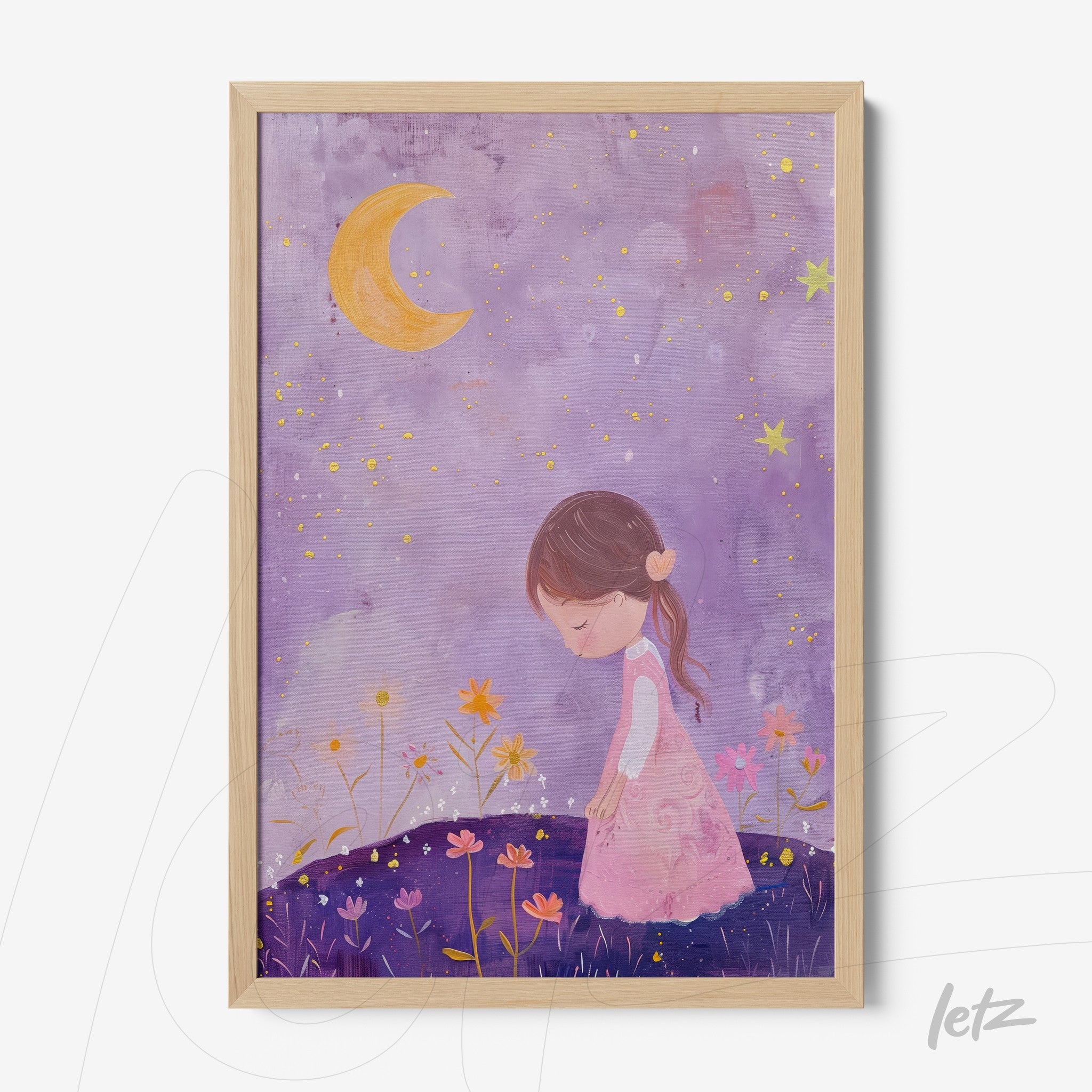 framed children's illustration of a girl in a pink dress surrounded by colorful flowers under a purple sky with a moon and stars