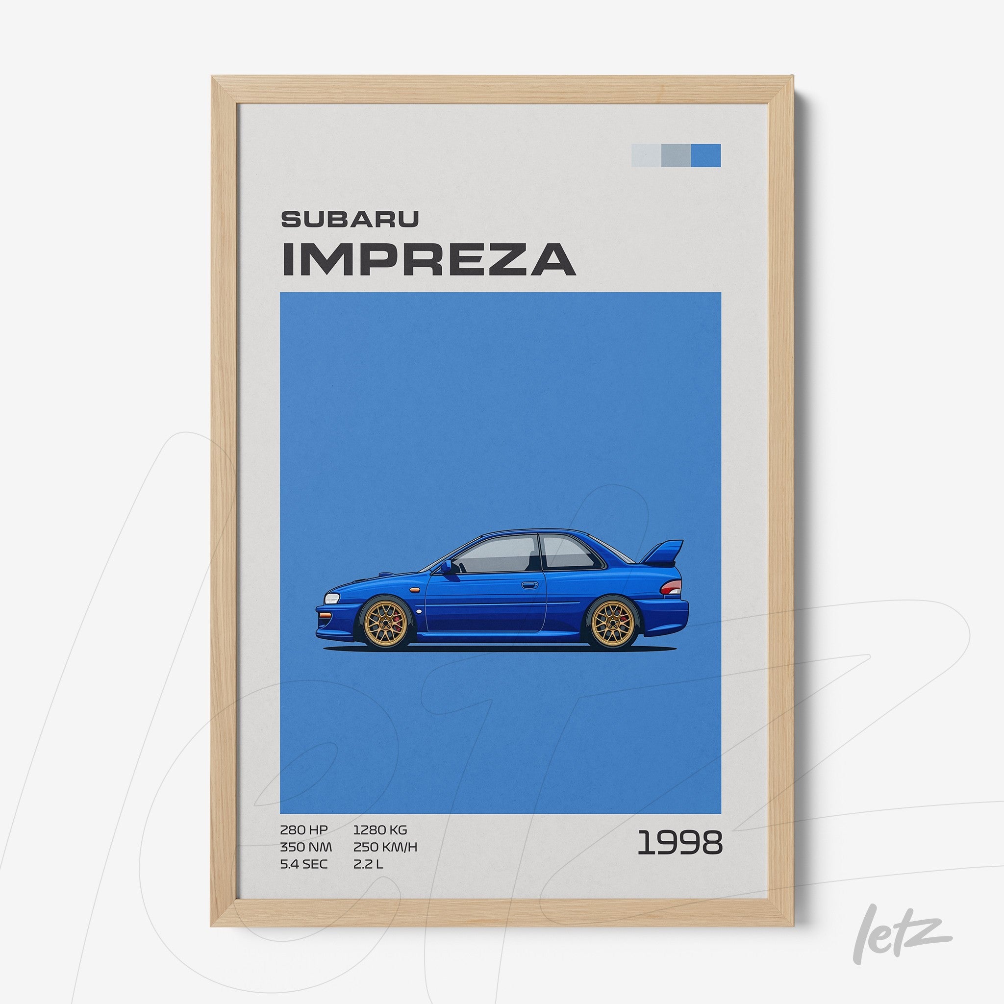 quadro com ilustração de carro Subaru Impreza em fundo azul com moldura de madeira clara