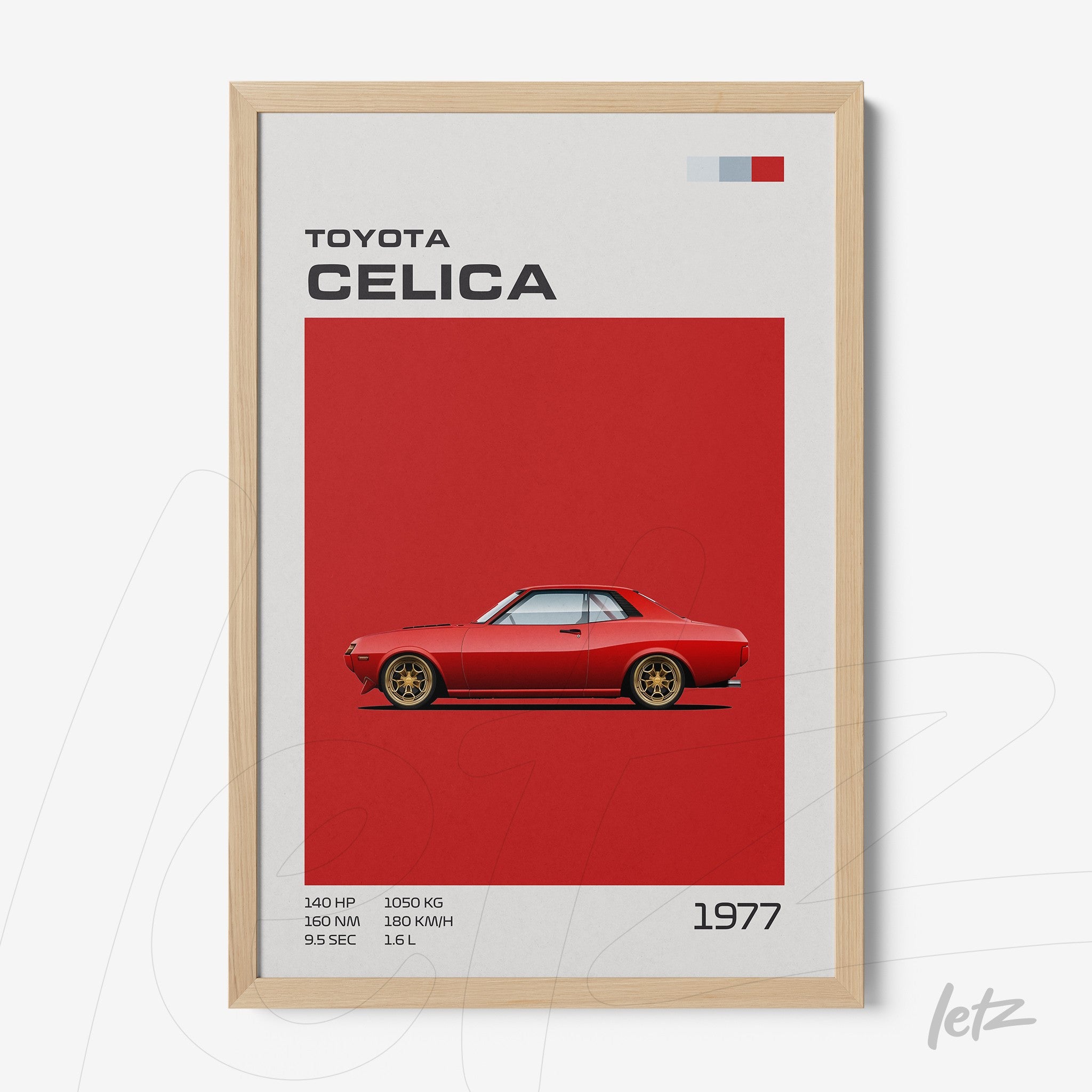 framed vintage illustration of the 1977 Toyota Celica on a red background with a light wood frame