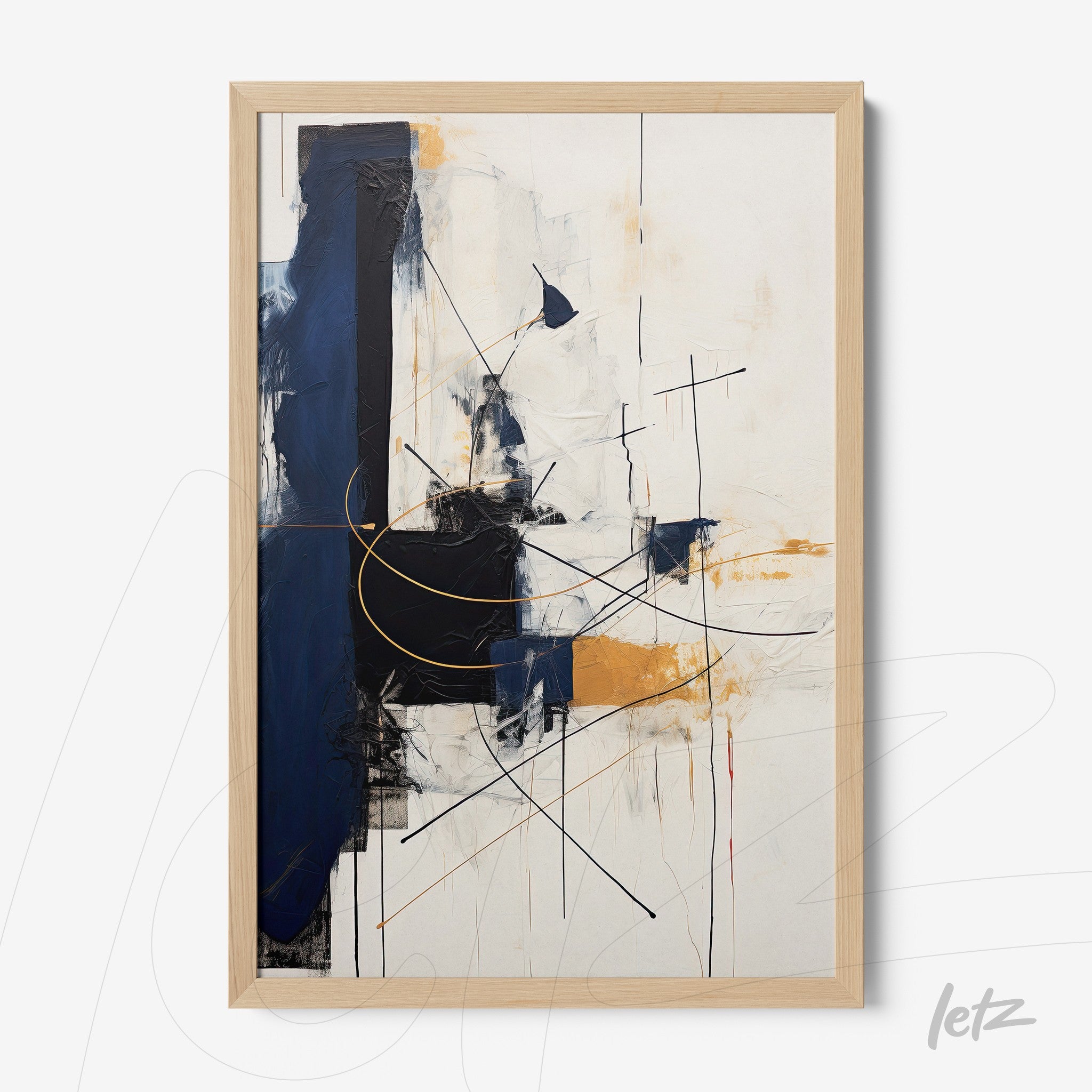 abstract wall art in shades of blue and gold featuring geometric lines and light wooden frame