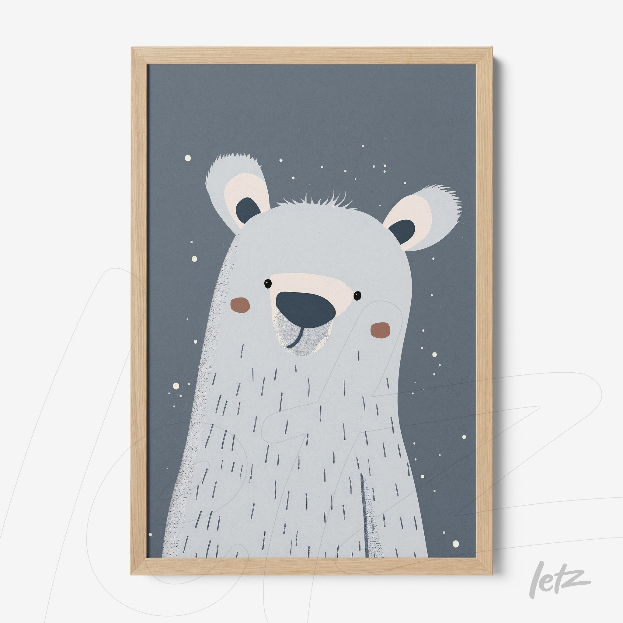 framed minimalistic illustration of a smiling polar bear on a grey background, light wood frame
