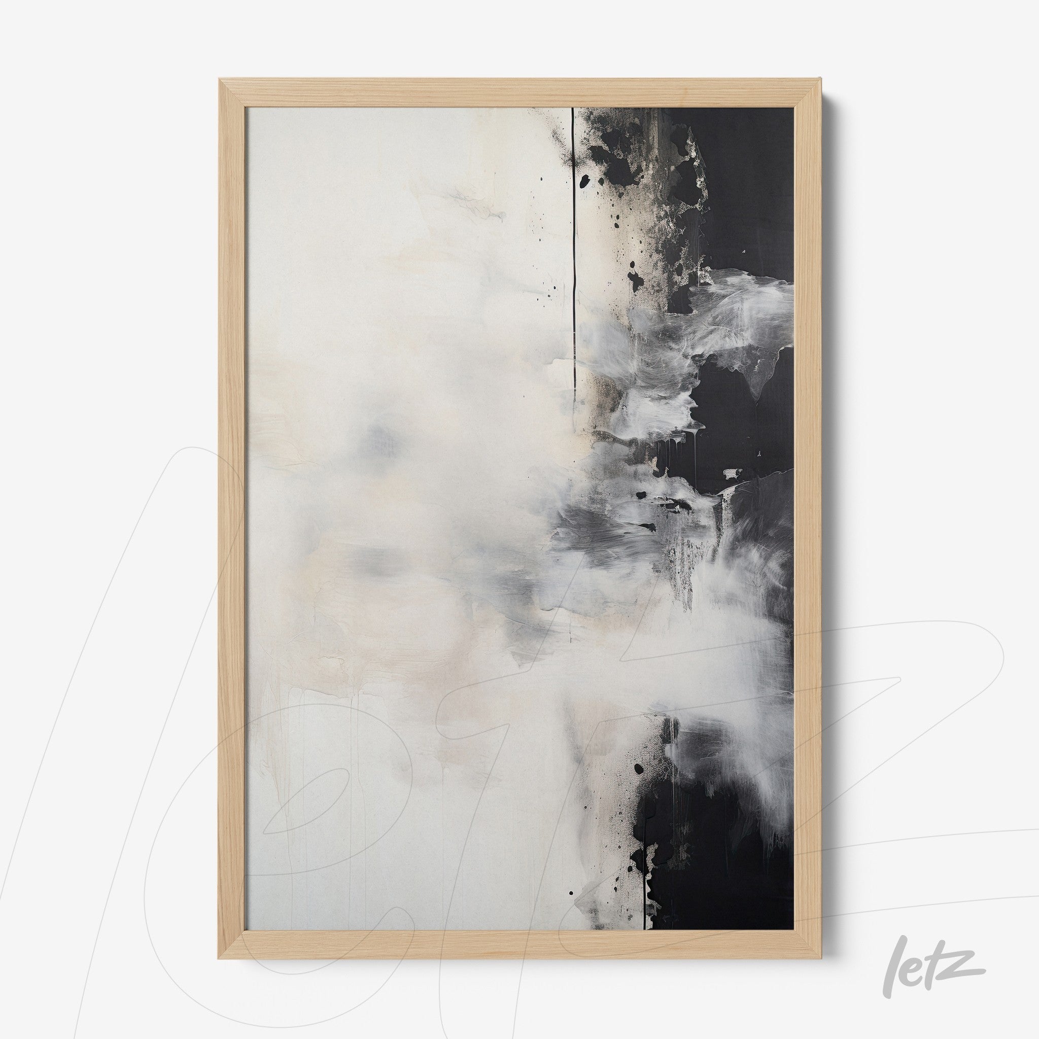 abstract wall art featuring cream and black hues in a light wood frame