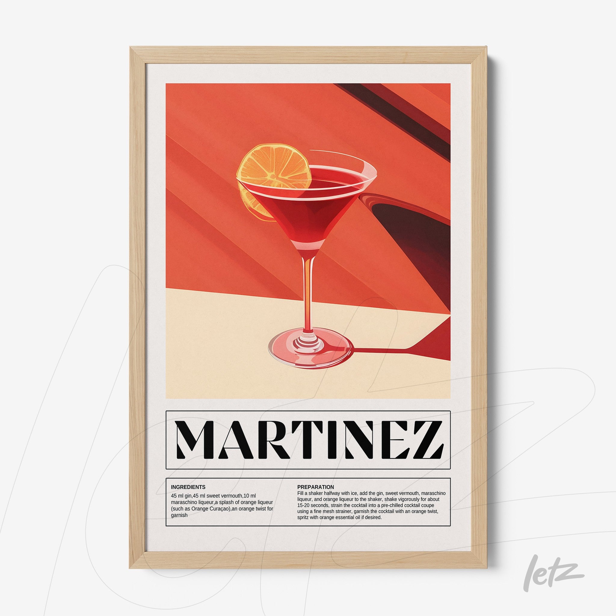 framed wall art featuring stylized martinez cocktail in natural frame with background in shades of red and orange