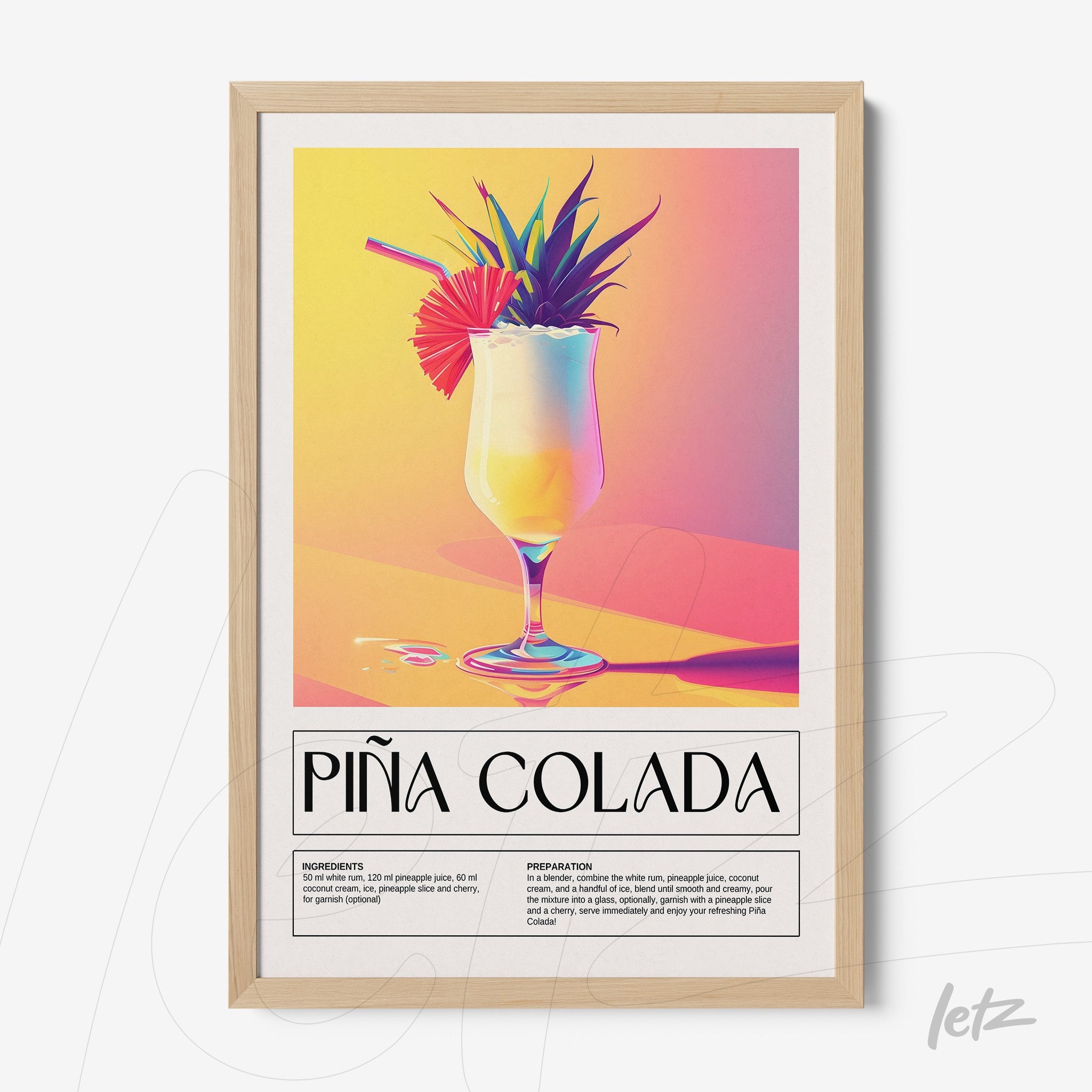 framed digital artwork of piña colada cocktail with colorful background and light frame