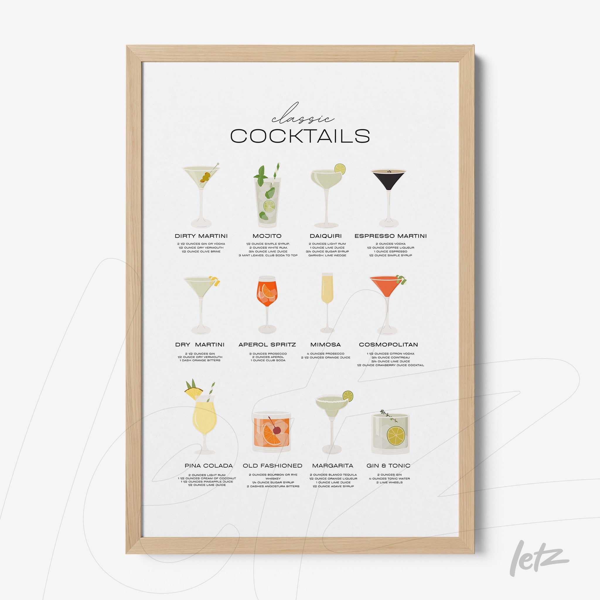 framed wall art featuring illustrations of classic cocktails in light wooden frame, showcasing nine drinks in minimalist style on neutral background