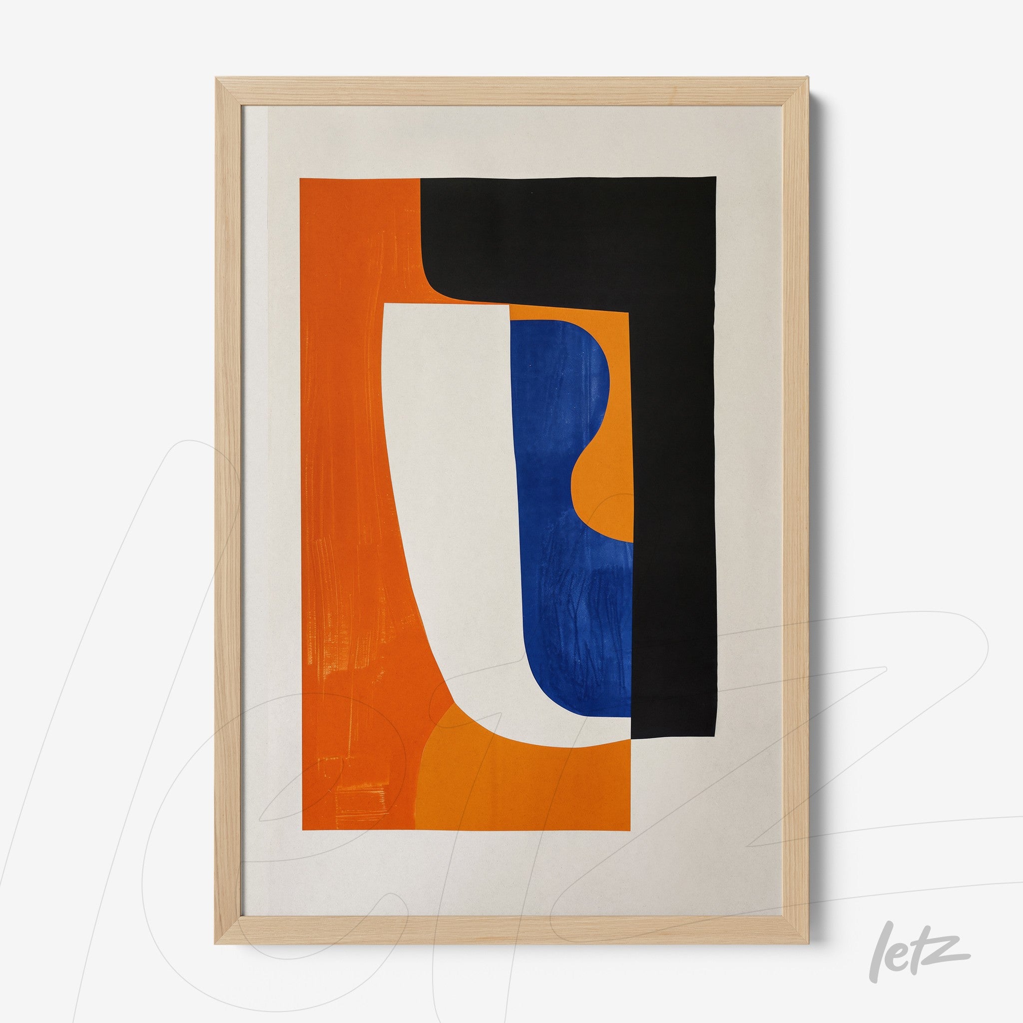 framed abstract art featuring vibrant colors including orange, blue, and black with a light wood frame