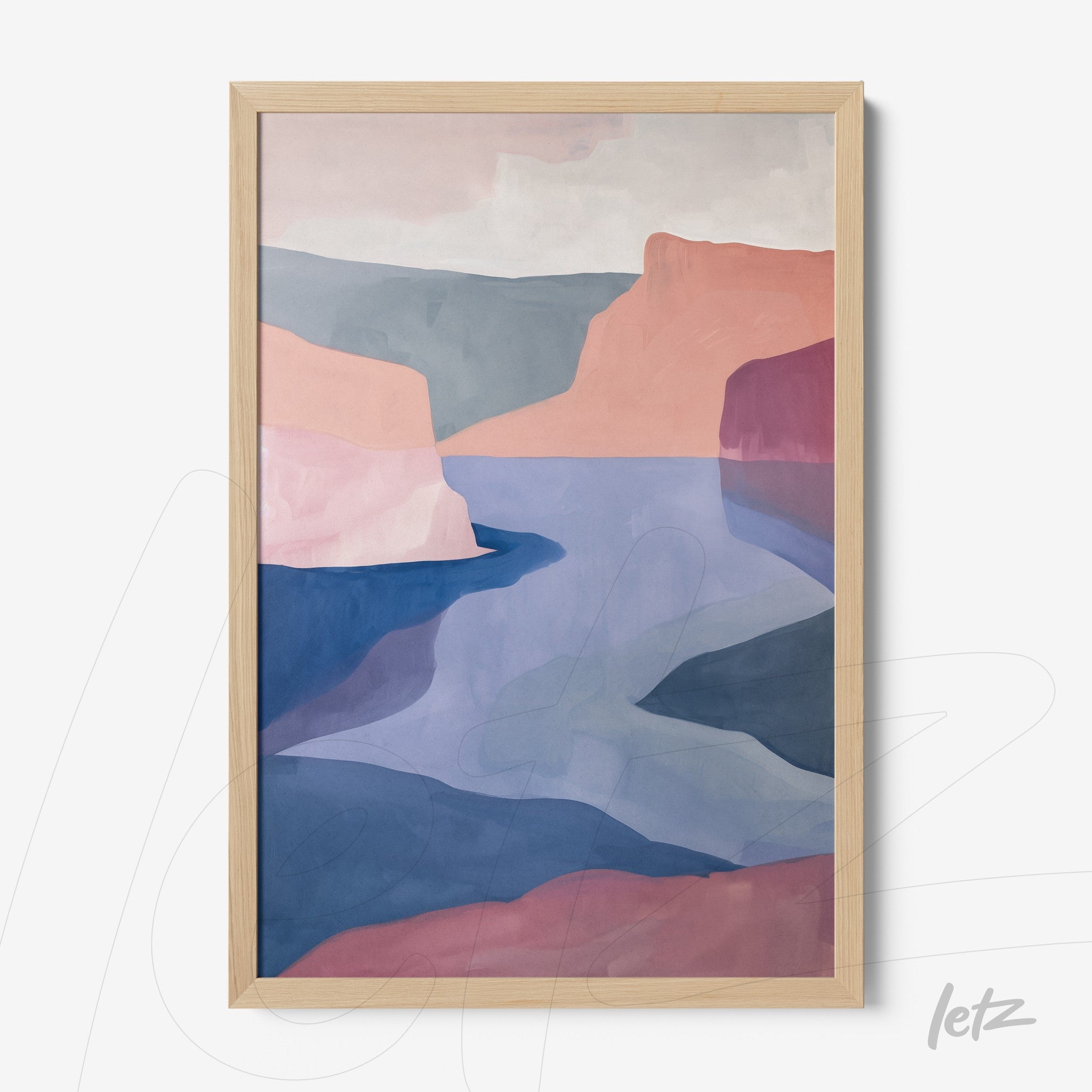 framed abstract art of a landscape featuring soft shades of pink and blue with a light wood frame